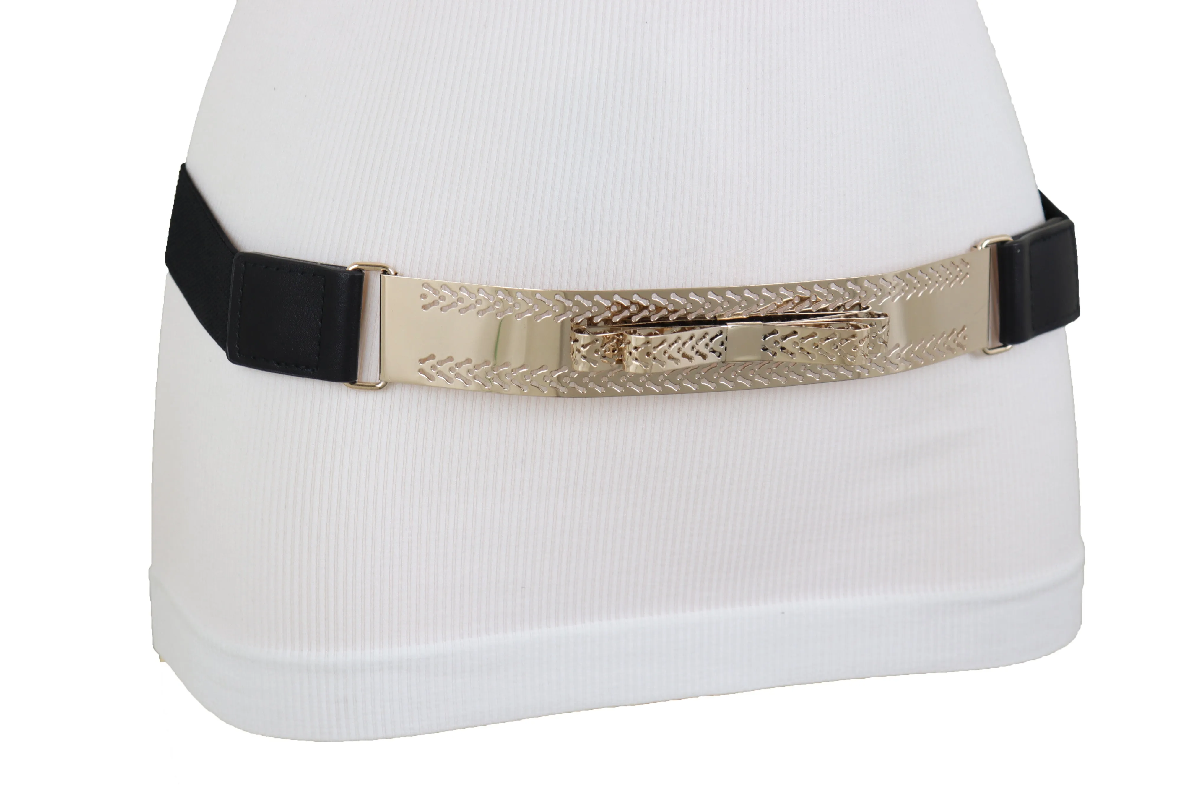 Skinny Black Elastic Waistband Belt Hip Waist Gold Metal Plate Bow Tie S M