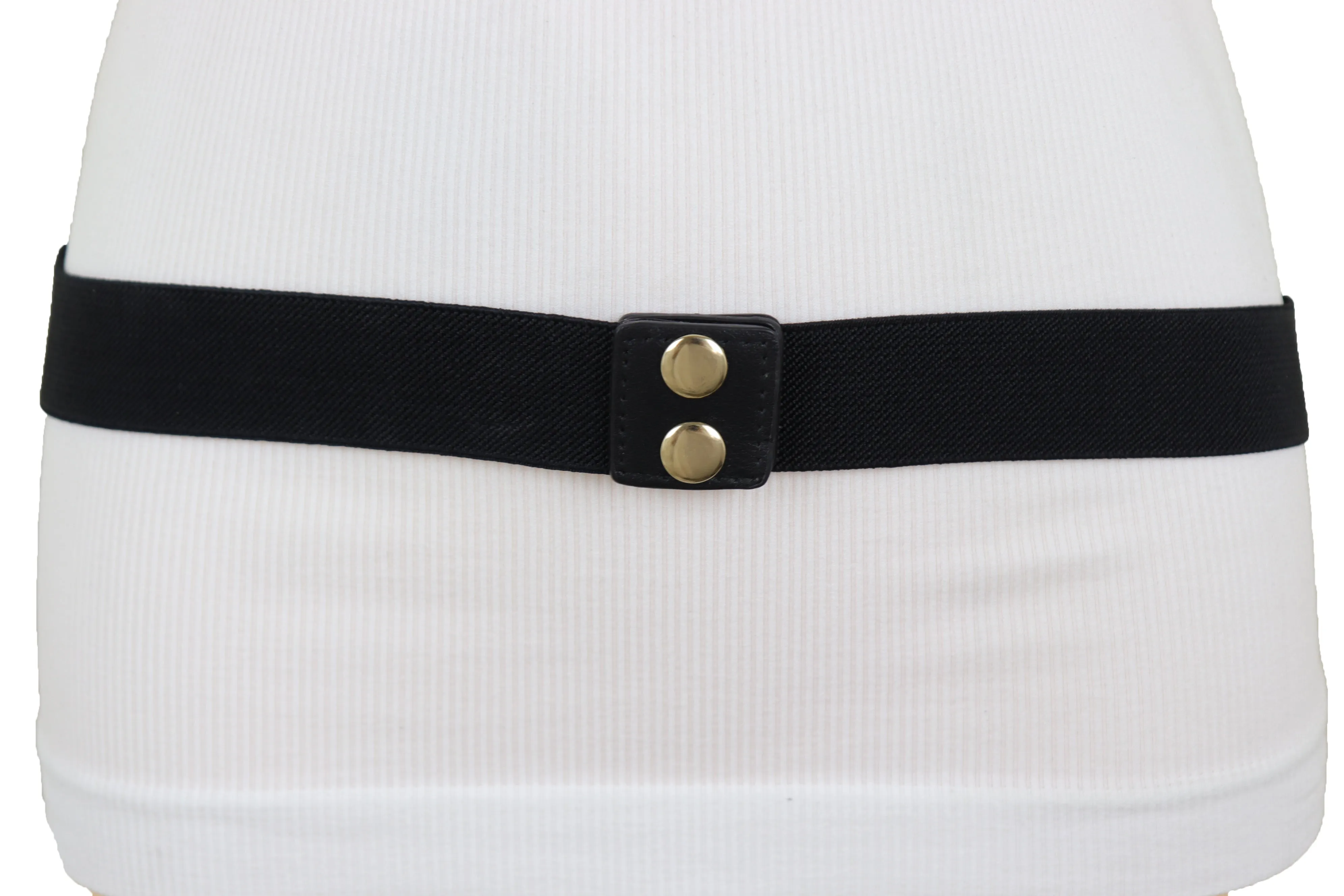 Skinny Black Elastic Waistband Belt Hip Waist Gold Metal Plate Bow Tie S M