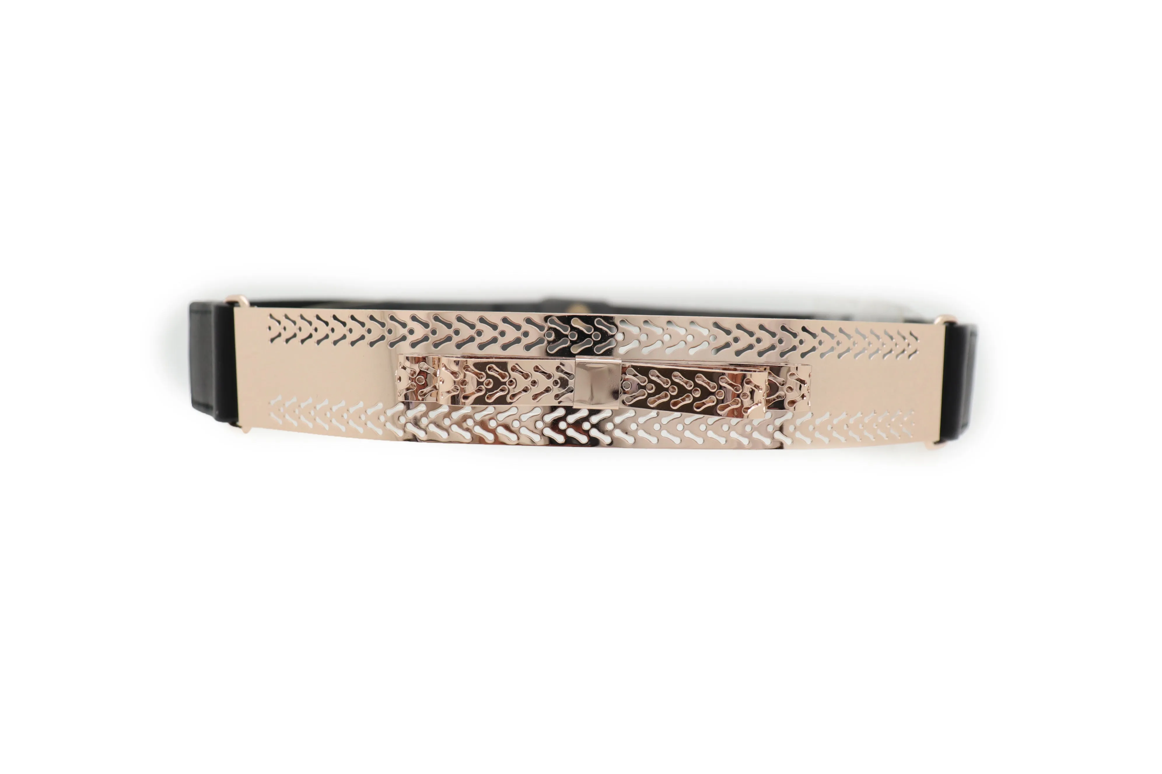 Skinny Black Elastic Waistband Belt Hip Waist Gold Metal Plate Bow Tie S M