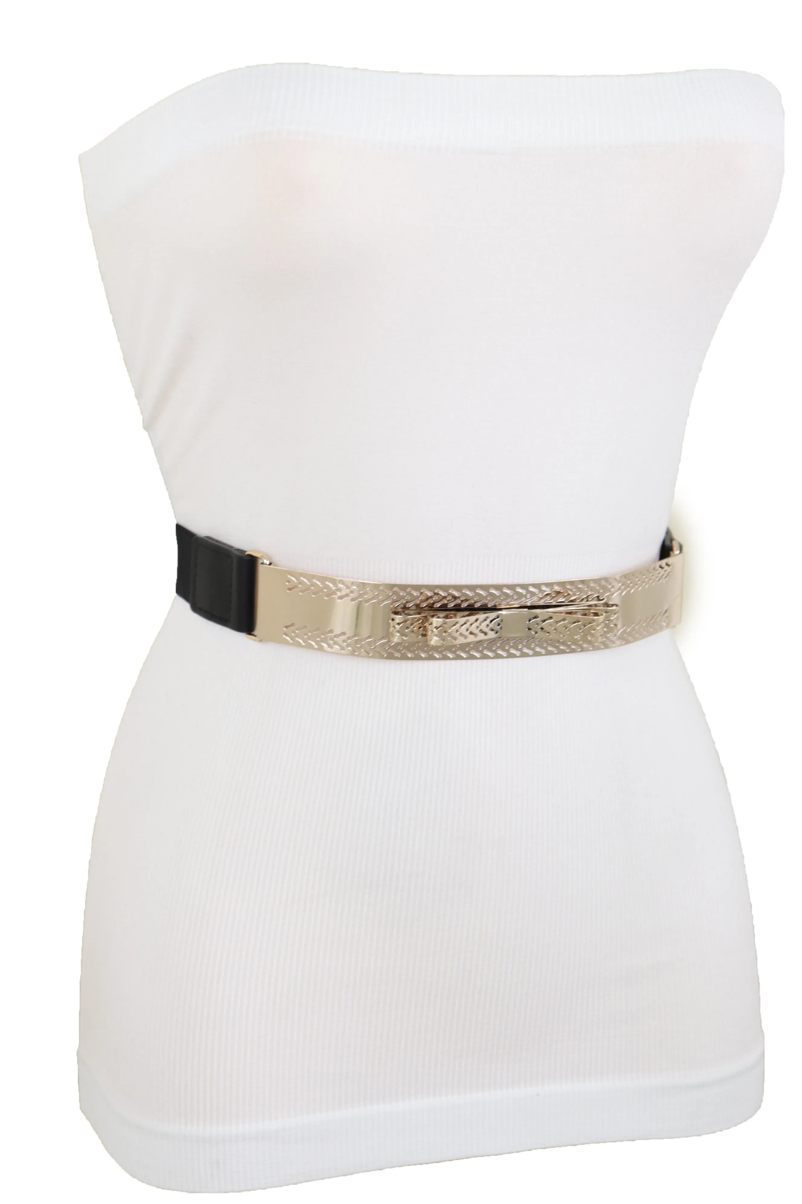 Skinny Black Elastic Waistband Belt Hip Waist Gold Metal Plate Bow Tie S M