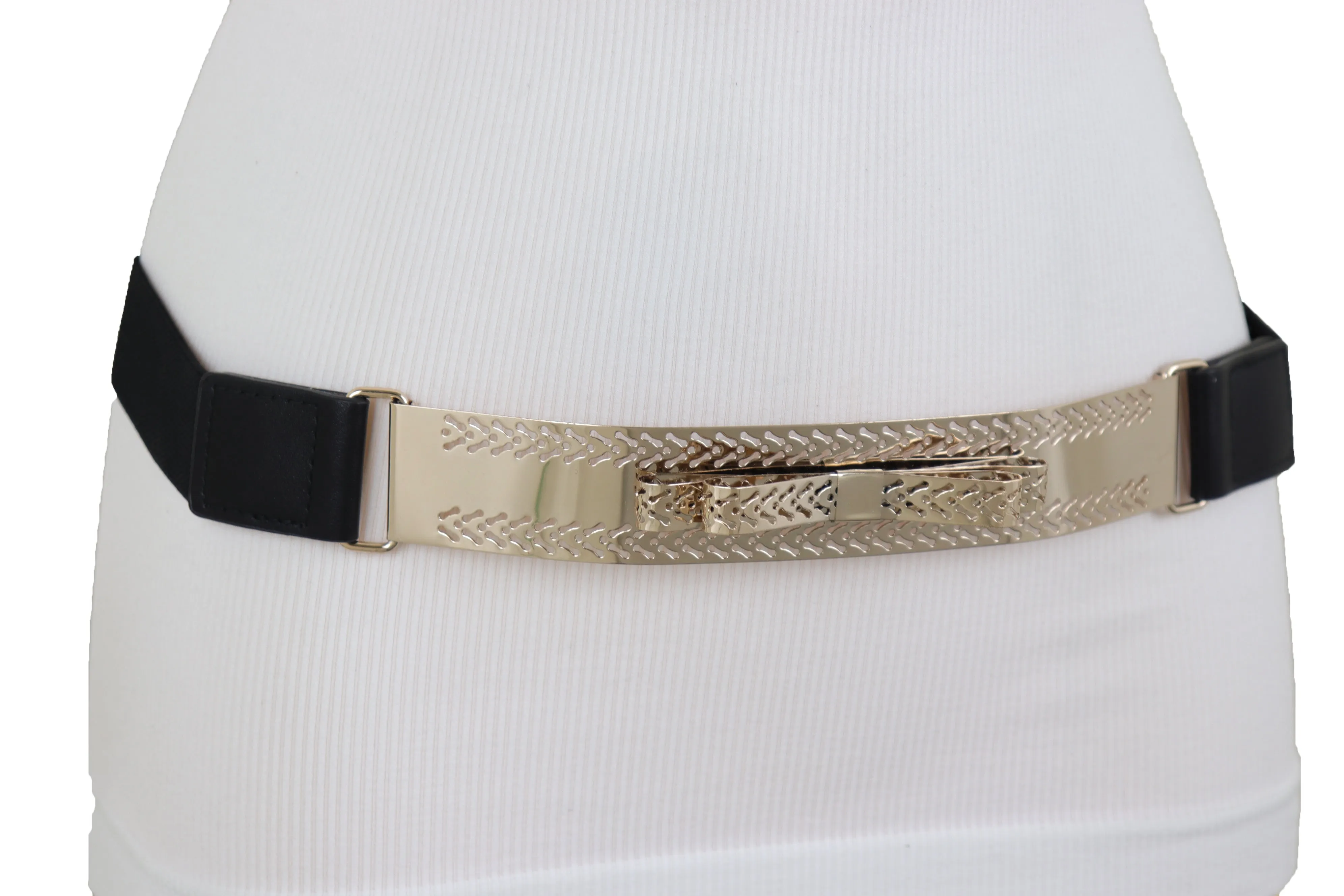 Skinny Black Elastic Waistband Belt Hip Waist Gold Metal Plate Bow Tie S M