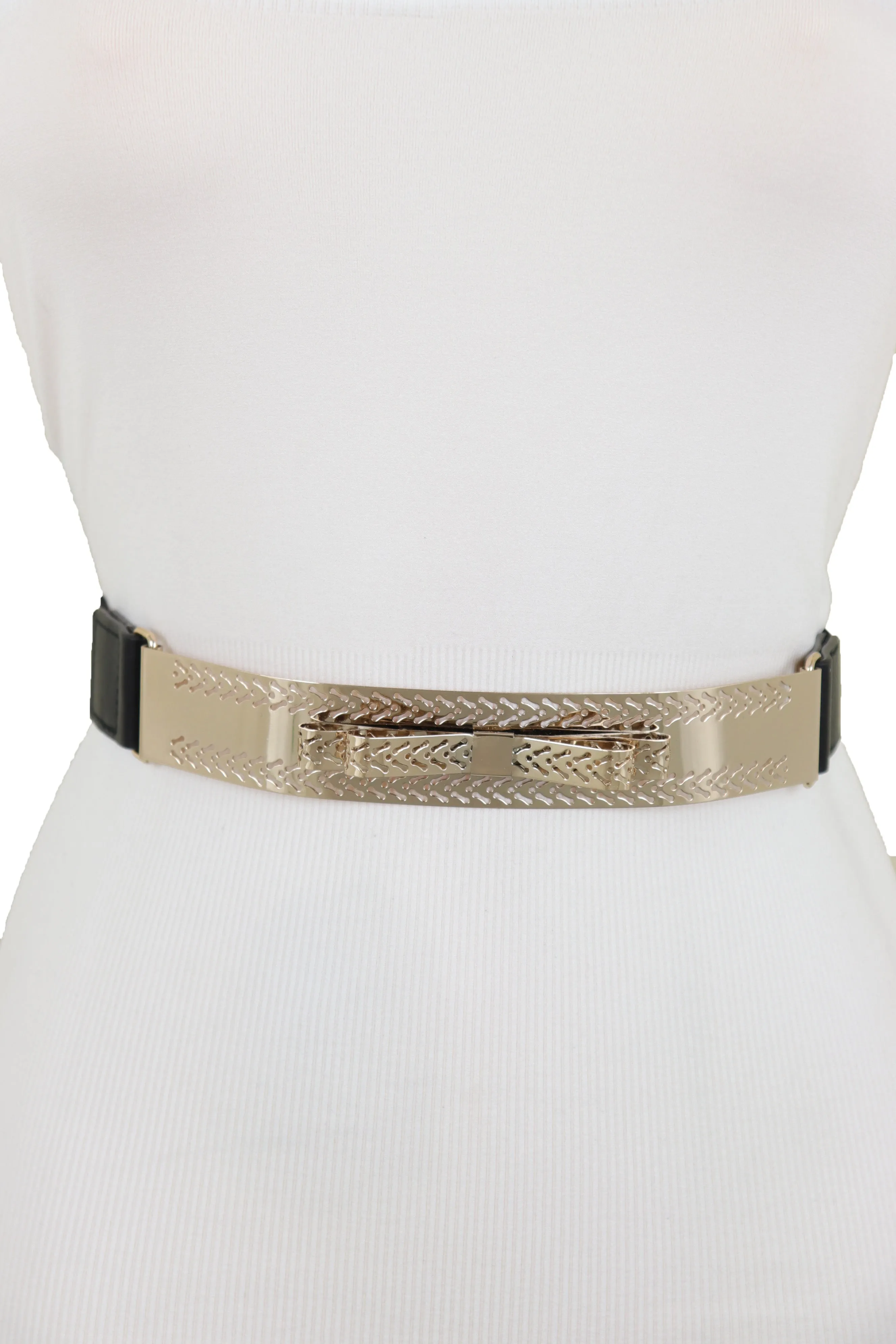 Skinny Black Elastic Waistband Belt Hip Waist Gold Metal Plate Bow Tie S M