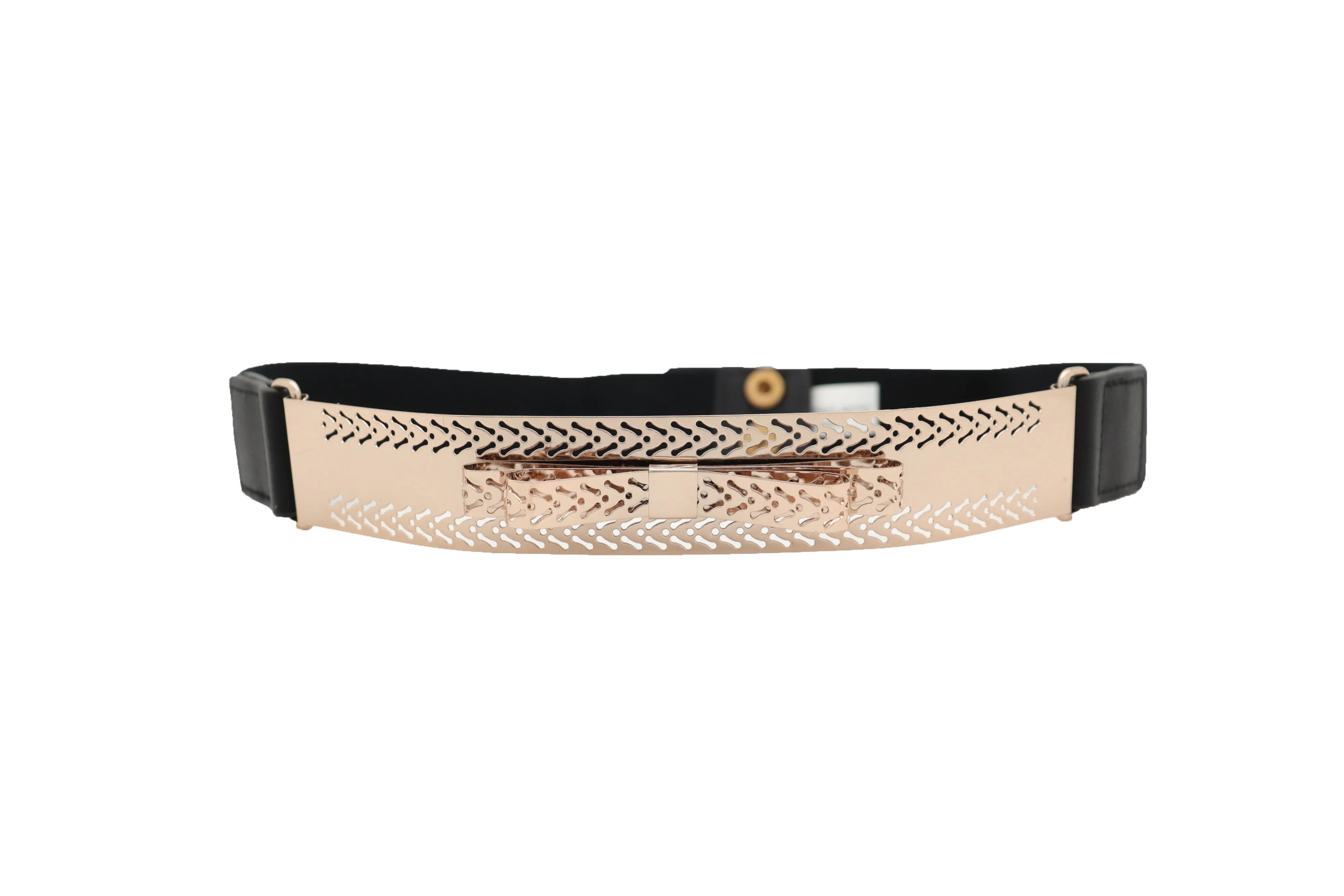 Skinny Black Elastic Waistband Belt Hip Waist Gold Metal Plate Bow Tie S M
