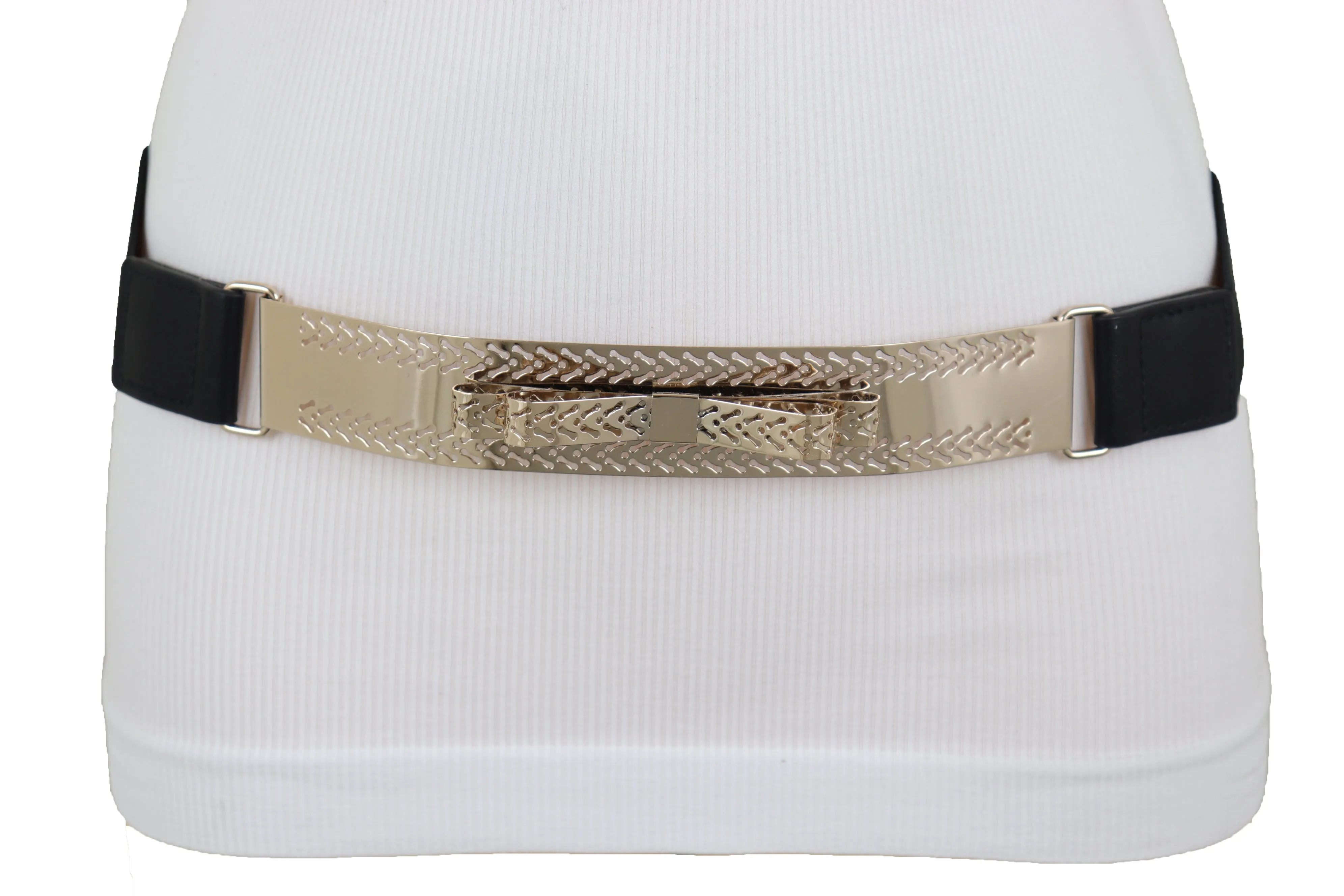 Skinny Black Elastic Waistband Belt Hip Waist Gold Metal Plate Bow Tie S M