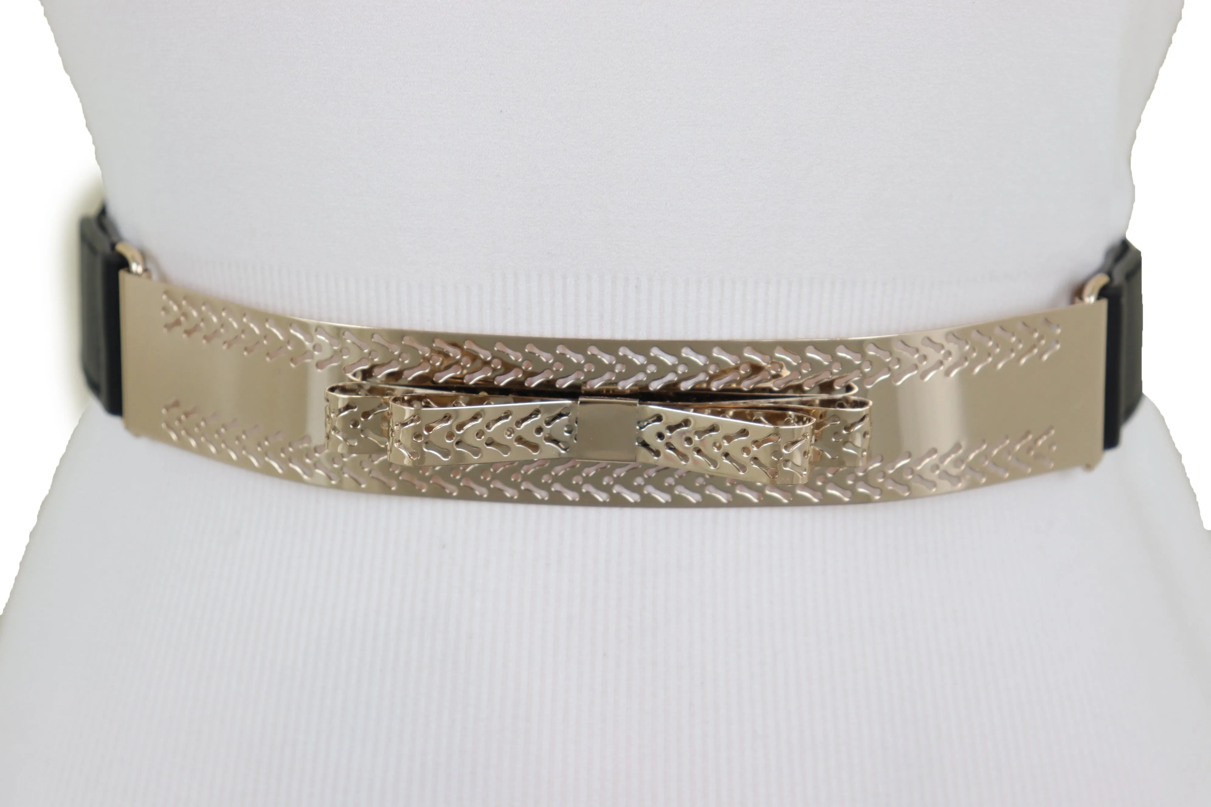 Skinny Black Elastic Waistband Belt Hip Waist Gold Metal Plate Bow Tie S M