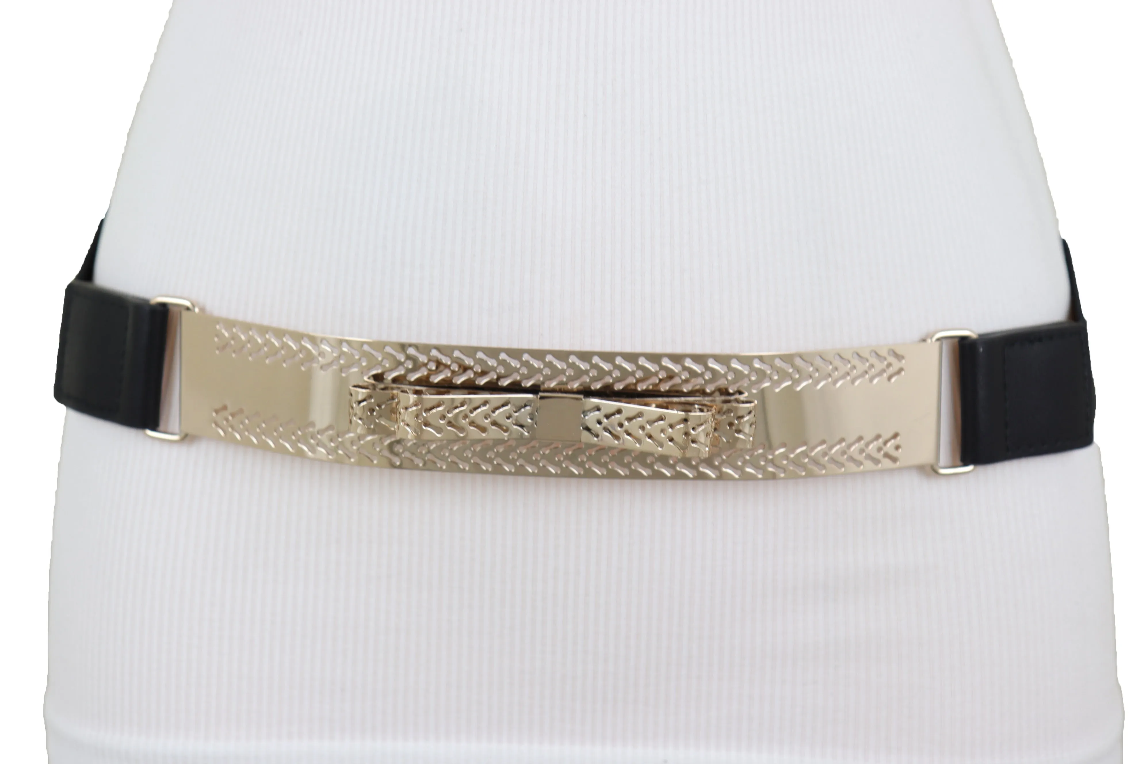 Skinny Black Elastic Waistband Belt Hip Waist Gold Metal Plate Bow Tie S M