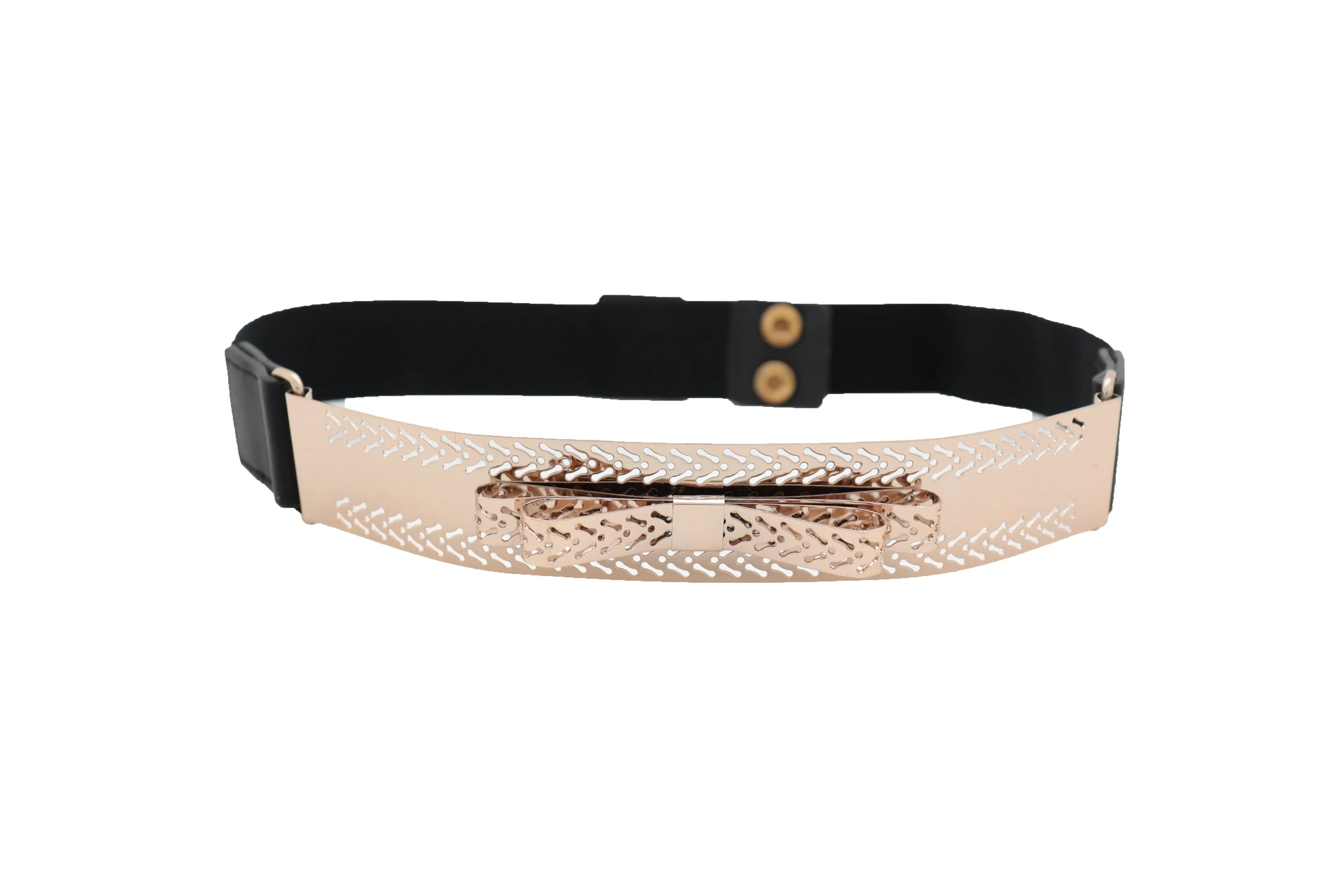 Skinny Black Elastic Waistband Belt Hip Waist Gold Metal Plate Bow Tie S M