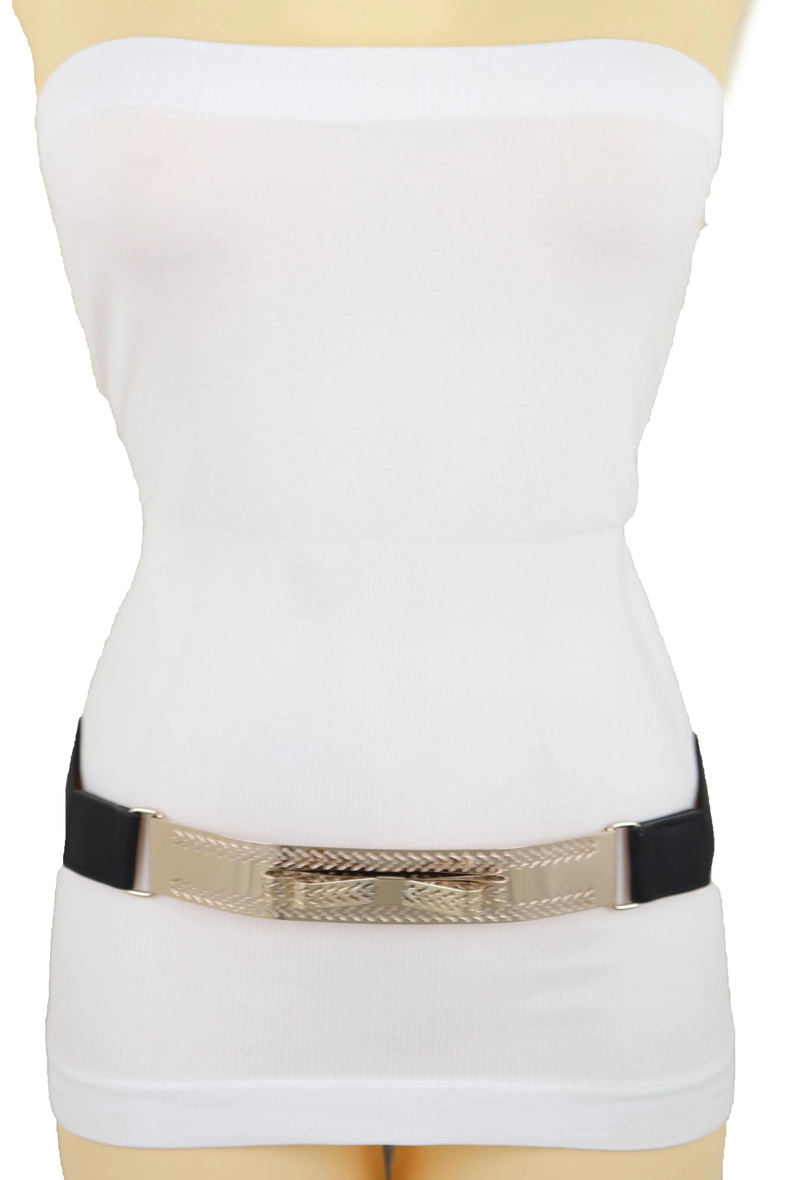 Skinny Black Elastic Waistband Belt Hip Waist Gold Metal Plate Bow Tie S M