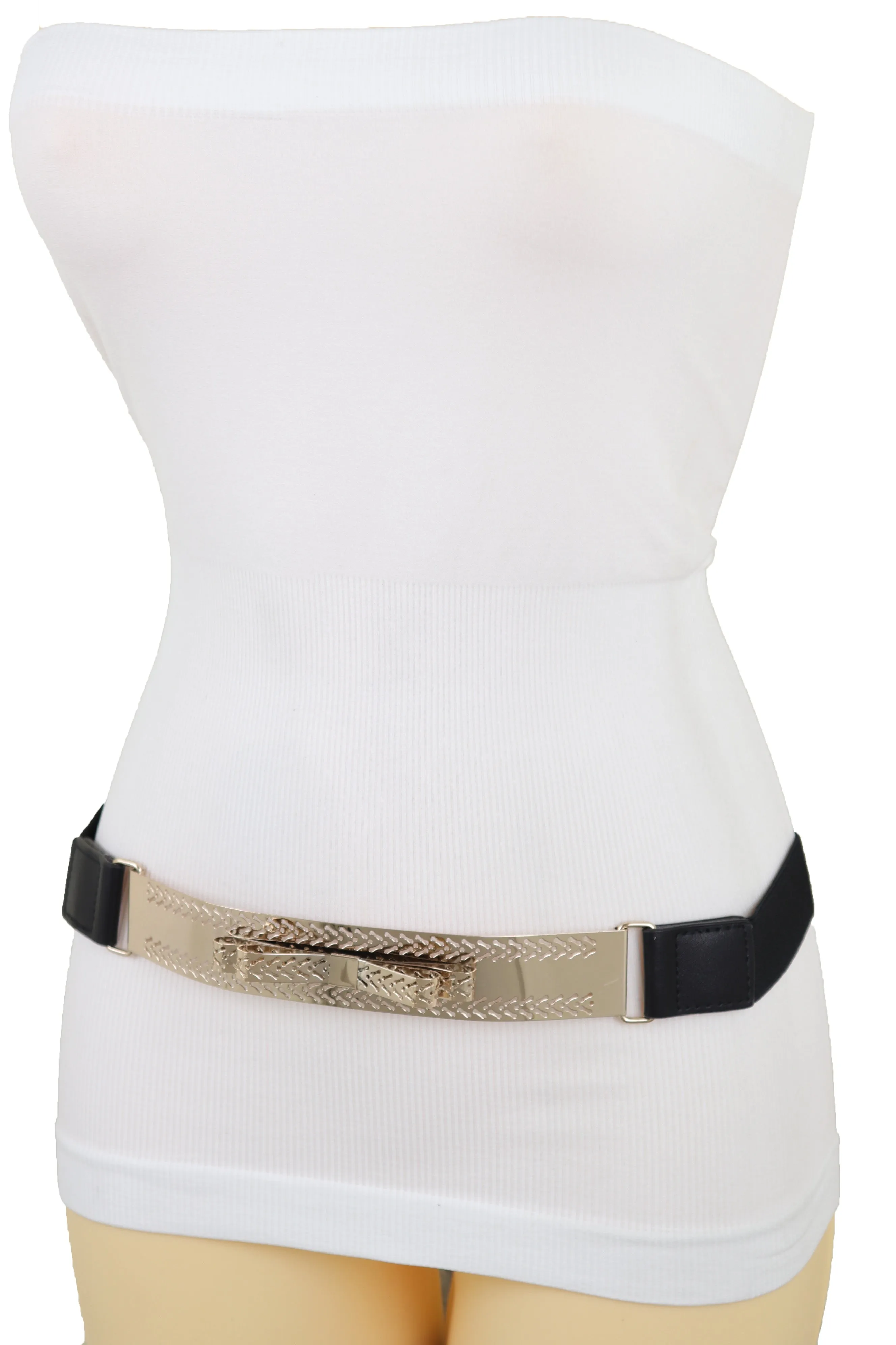 Skinny Black Elastic Waistband Belt Hip Waist Gold Metal Plate Bow Tie S M