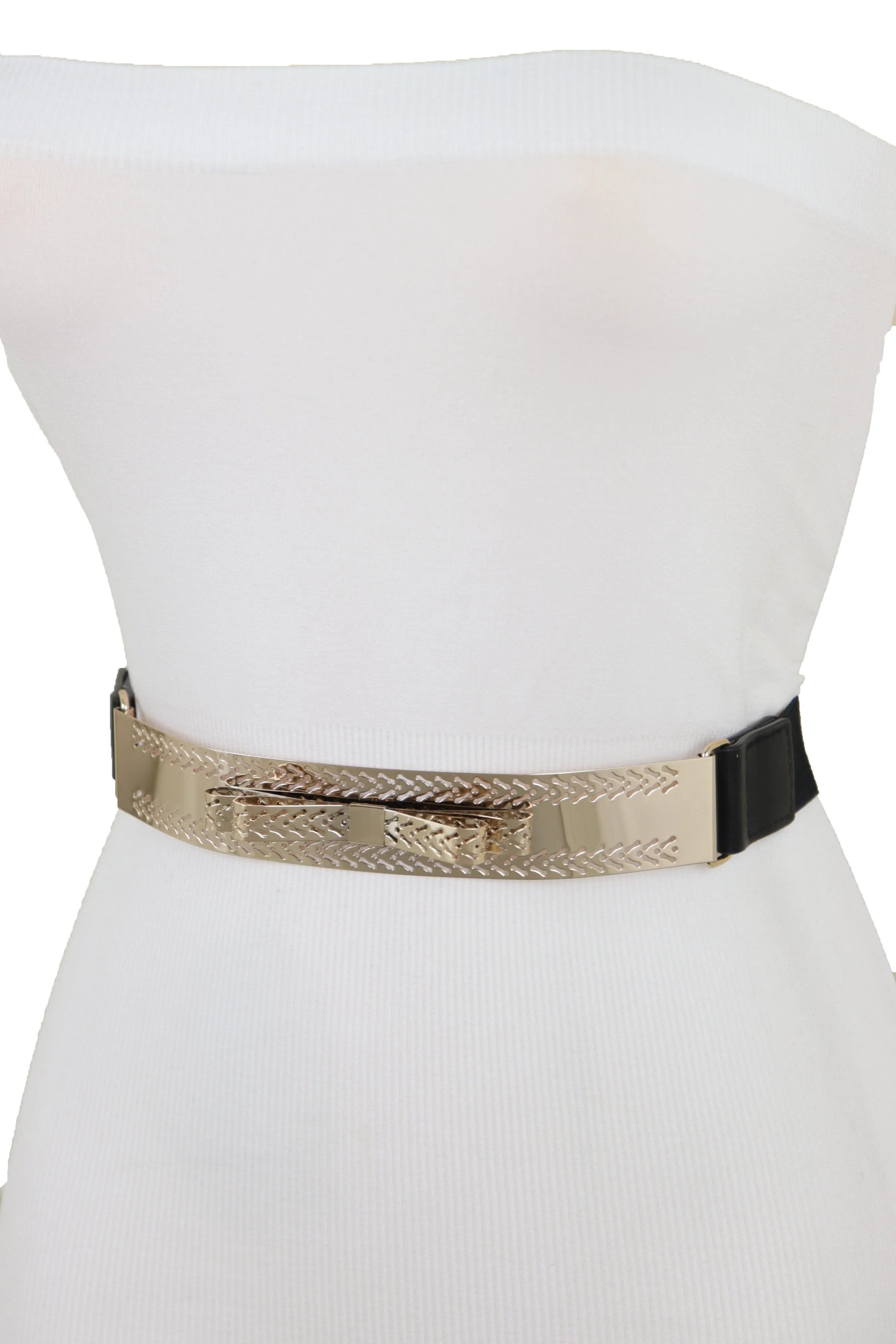 Skinny Black Elastic Waistband Belt Hip Waist Gold Metal Plate Bow Tie S M