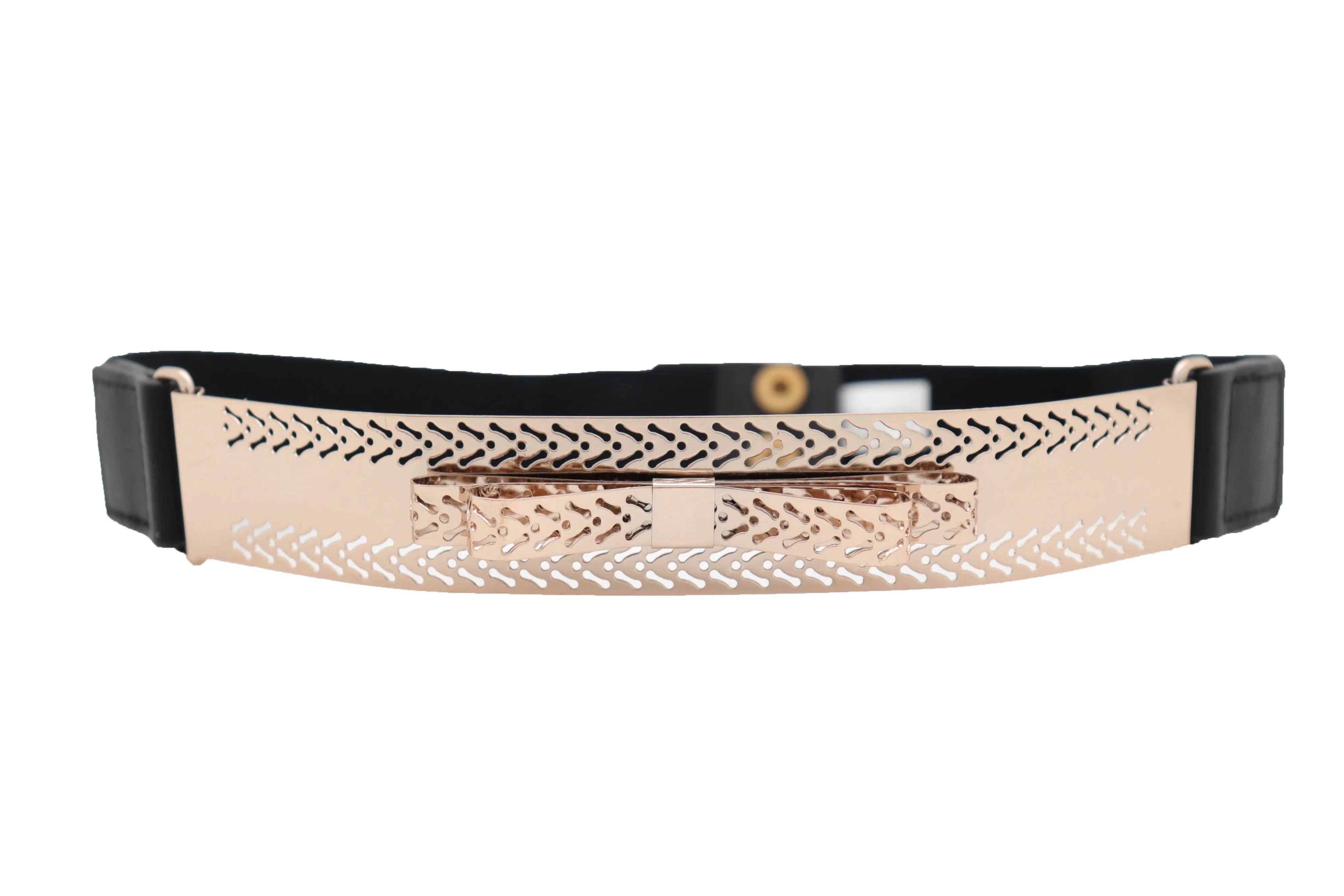 Skinny Black Elastic Waistband Belt Hip Waist Gold Metal Plate Bow Tie S M