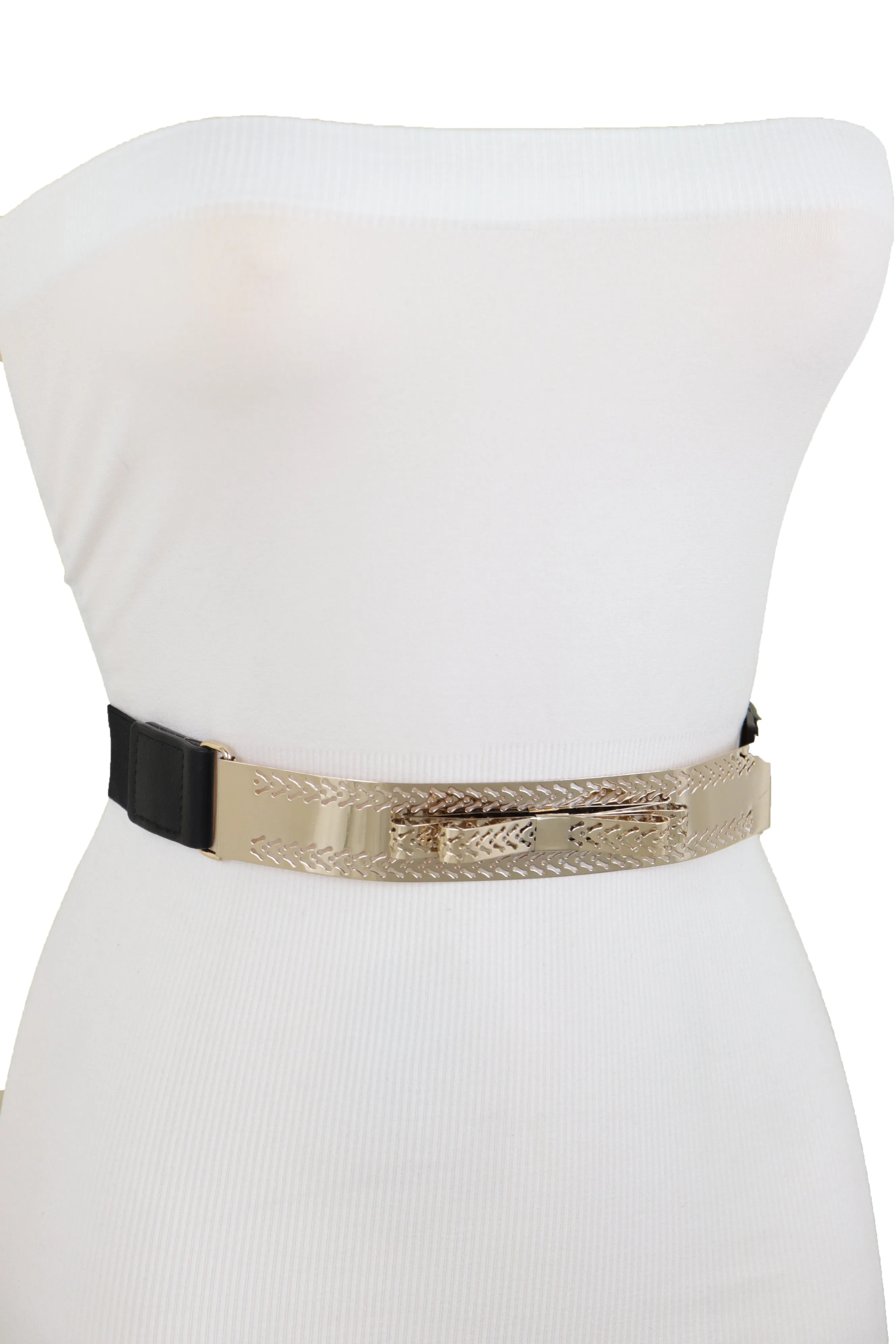 Skinny Black Elastic Waistband Belt Hip Waist Gold Metal Plate Bow Tie S M