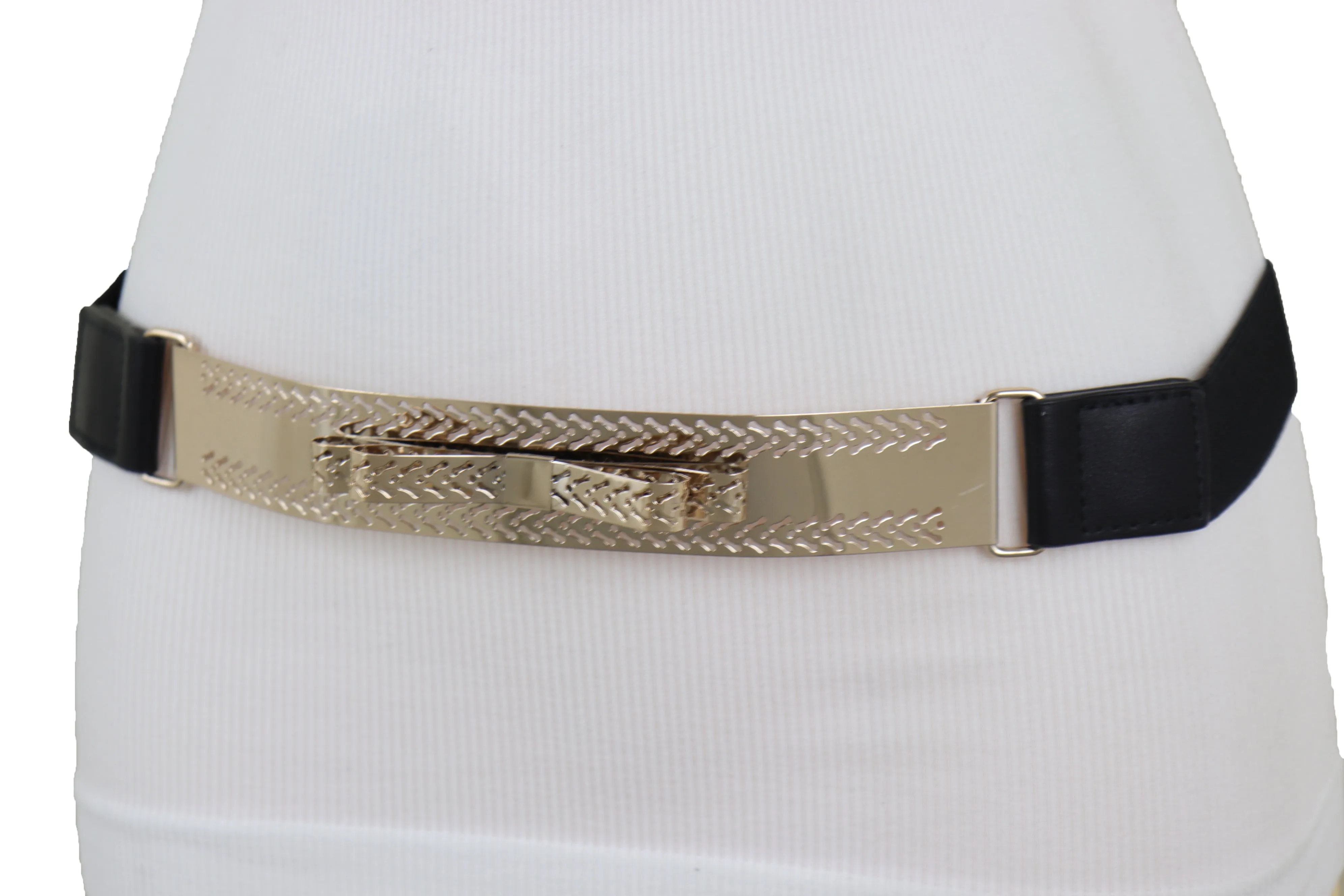 Skinny Black Elastic Waistband Belt Hip Waist Gold Metal Plate Bow Tie S M
