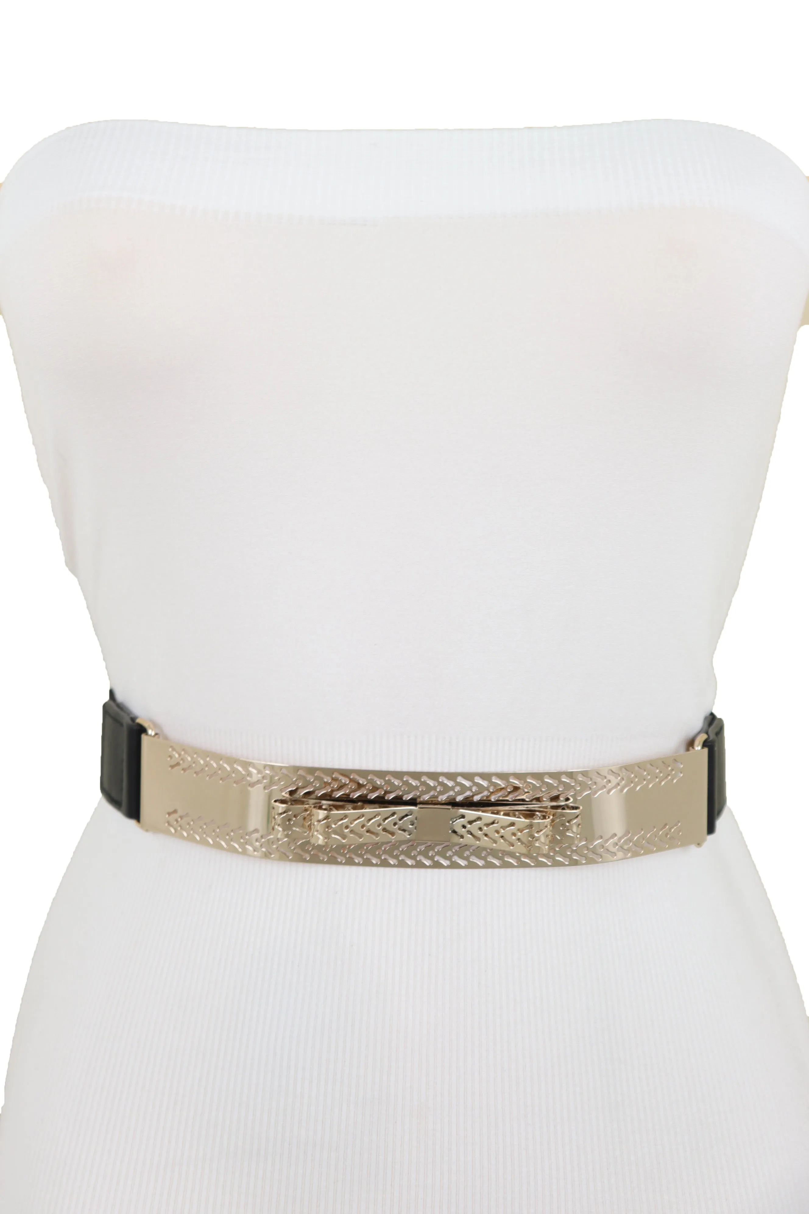 Skinny Black Elastic Waistband Belt Hip Waist Gold Metal Plate Bow Tie S M