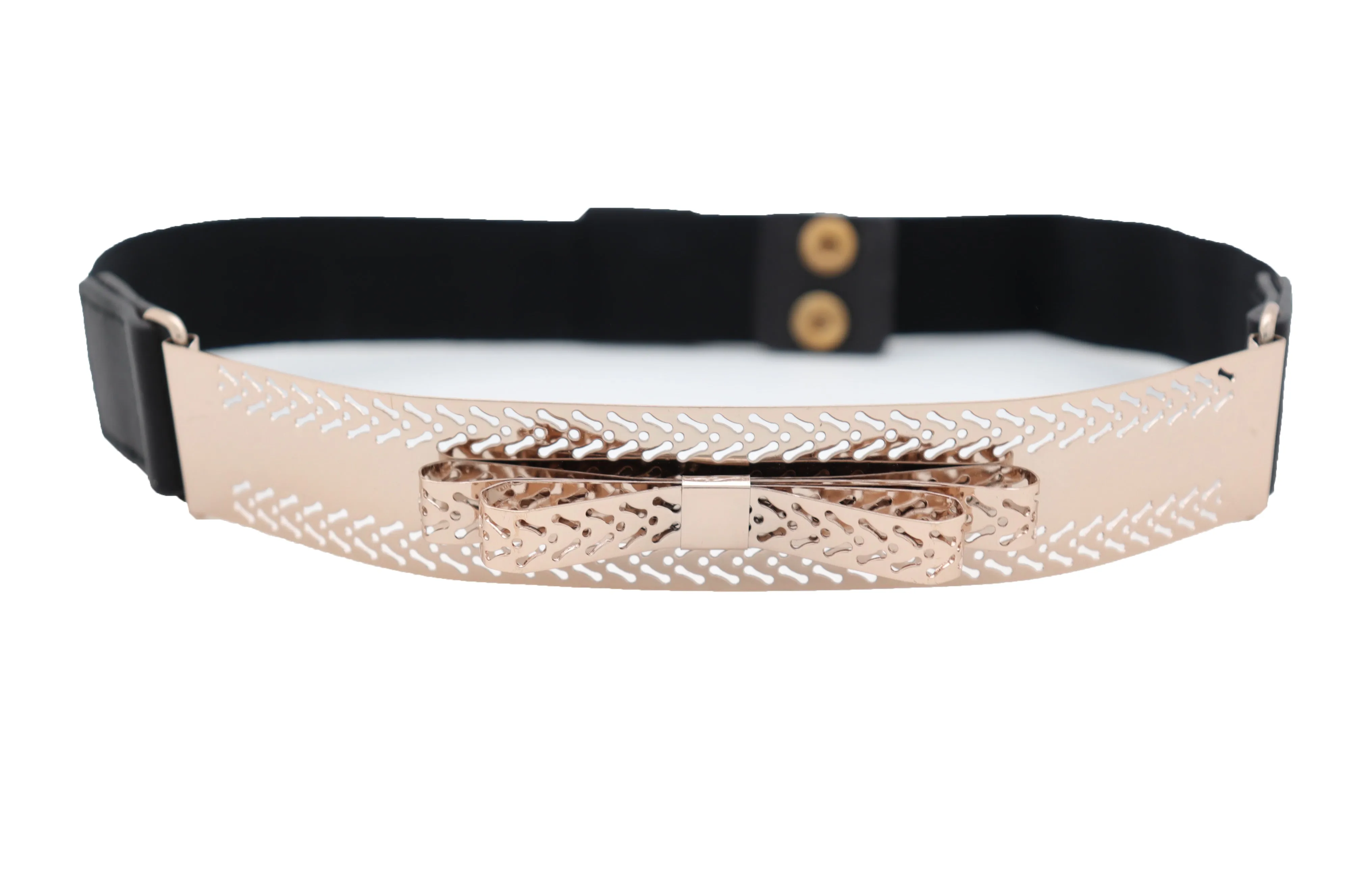 Skinny Black Elastic Waistband Belt Hip Waist Gold Metal Plate Bow Tie S M