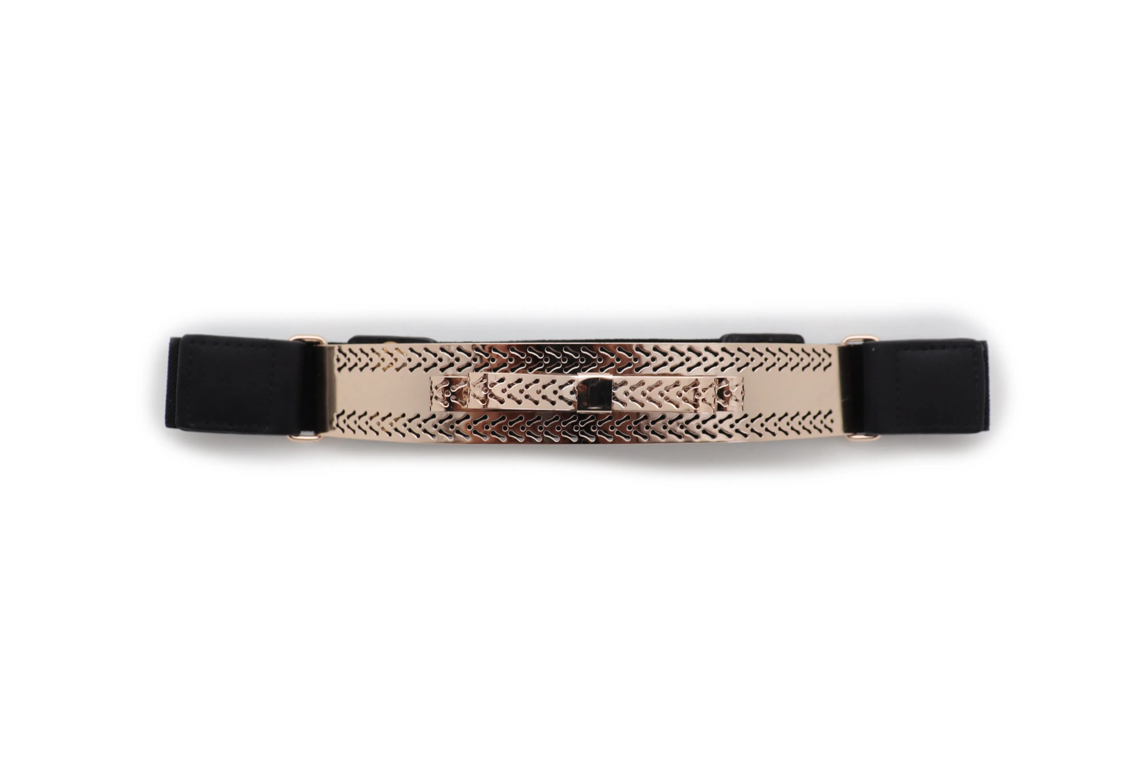Skinny Black Elastic Waistband Belt Hip Waist Gold Metal Plate Bow Tie S M