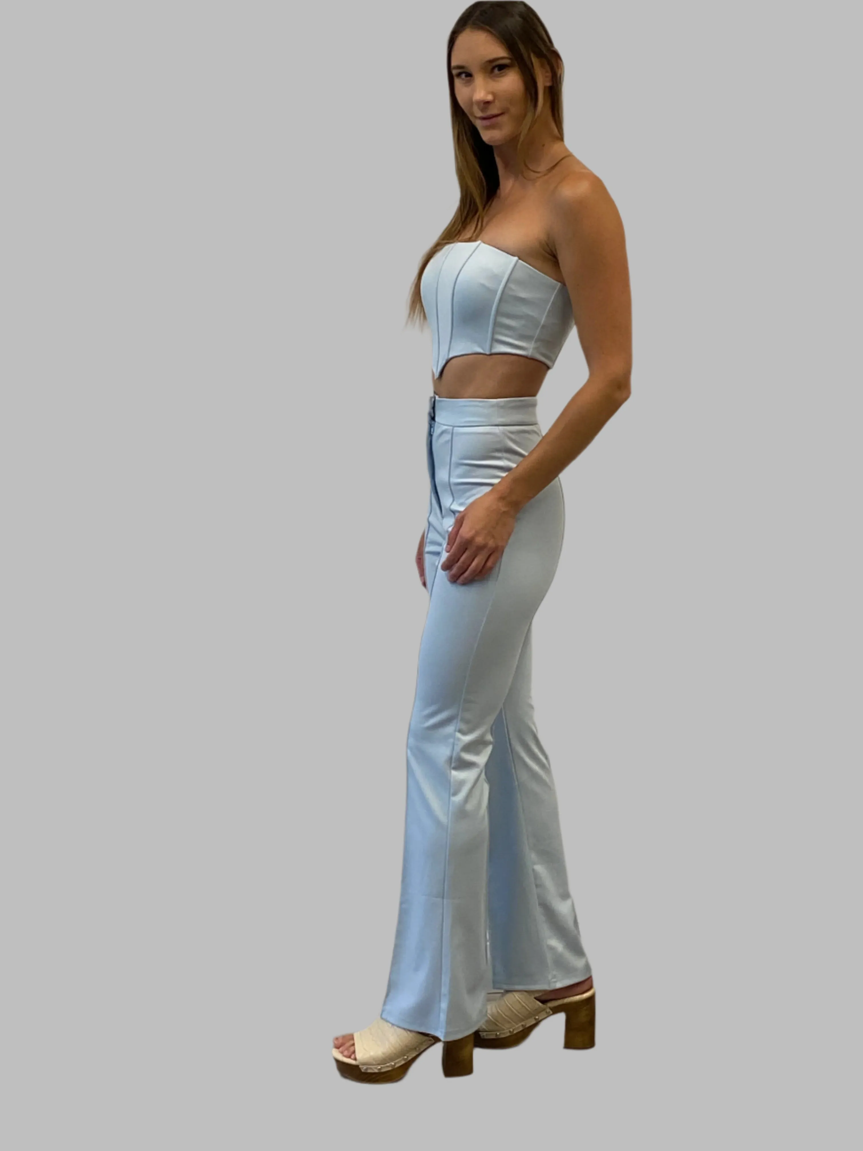 Sky Blue Corset Top and Wide-Leg Pant Set