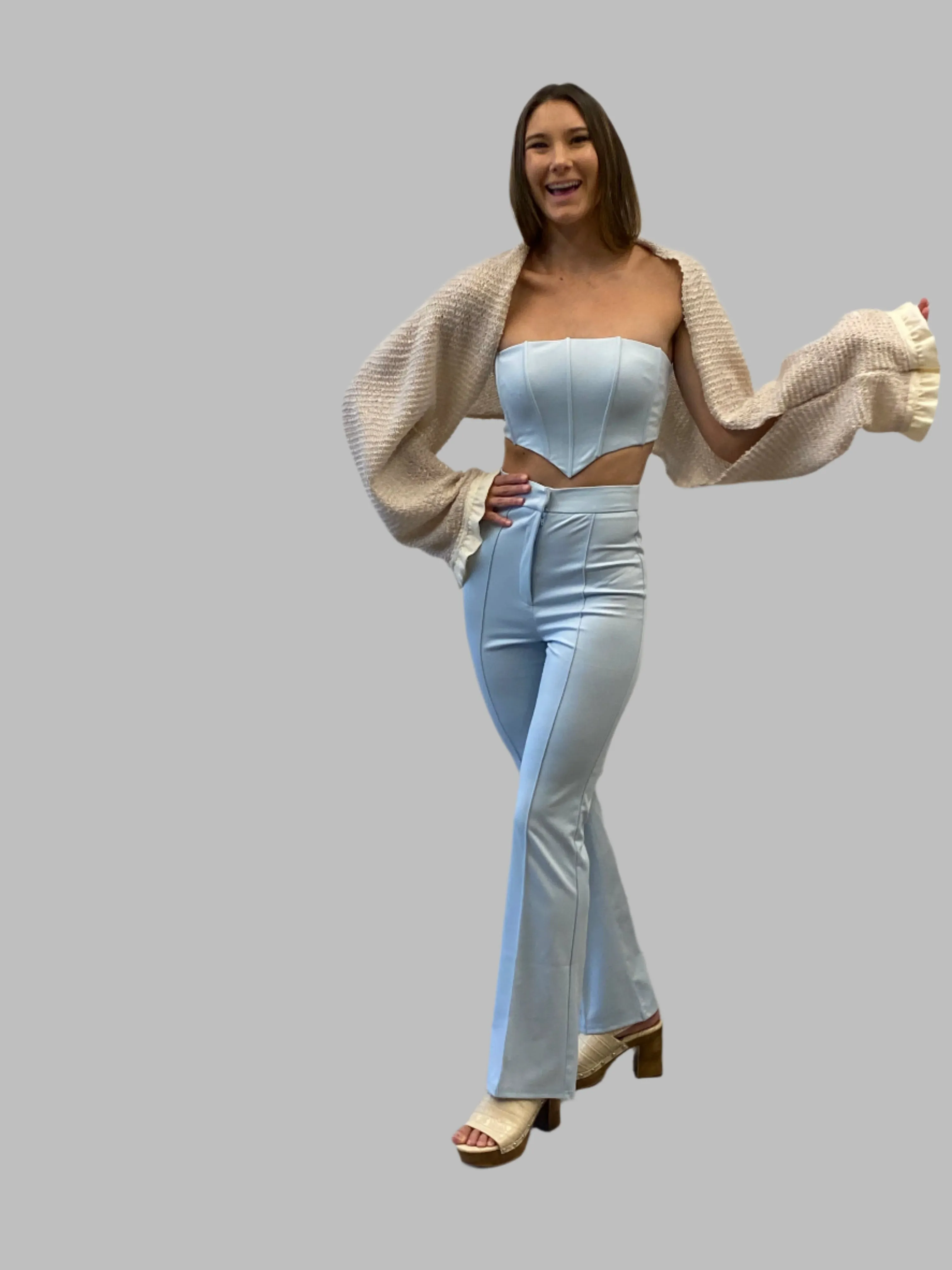 Sky Blue Corset Top and Wide-Leg Pant Set