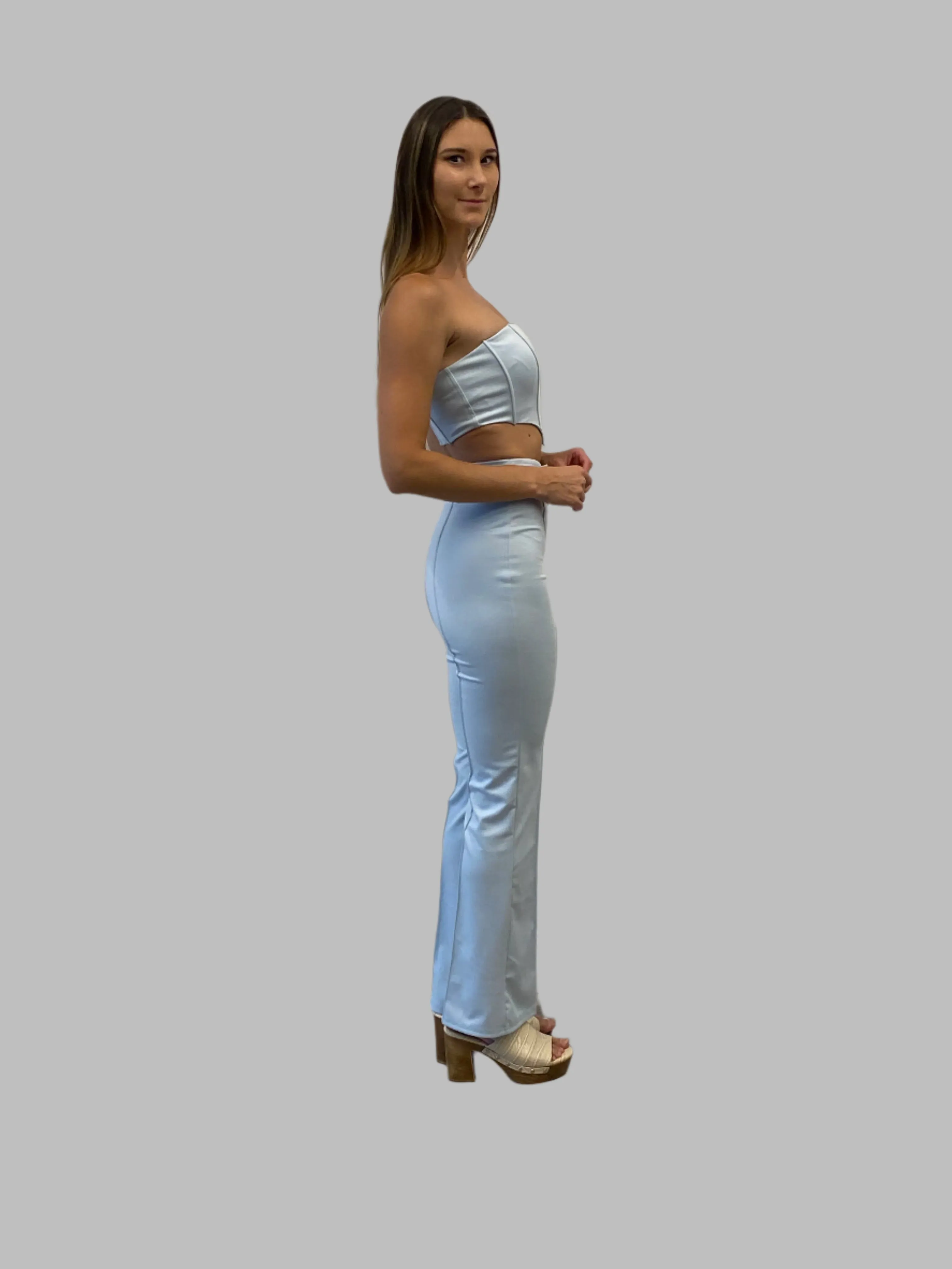 Sky Blue Corset Top and Wide-Leg Pant Set