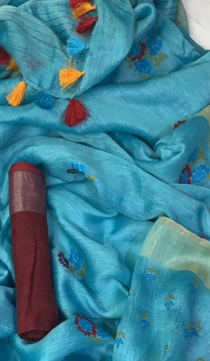 Skyblue Linen Embroidery Saree