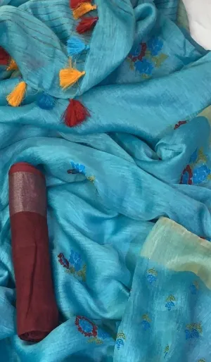 Skyblue Linen Embroidery Saree