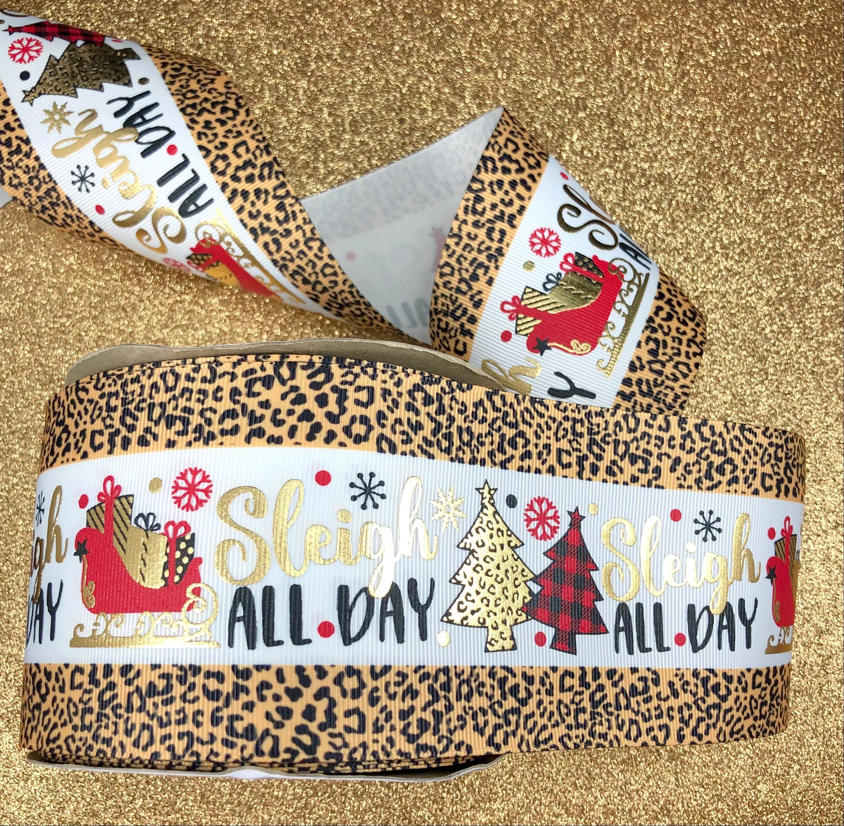 Sleigh All Day - Leopard - USDR Ribbon 3 Inch