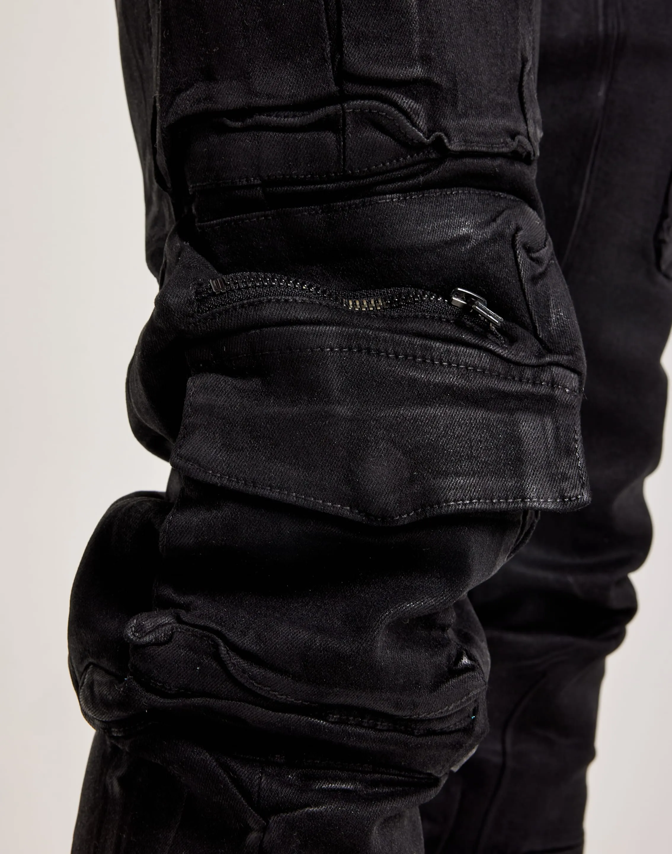 Smoke Rise Stacked Flared Waxed Cargo Jeans