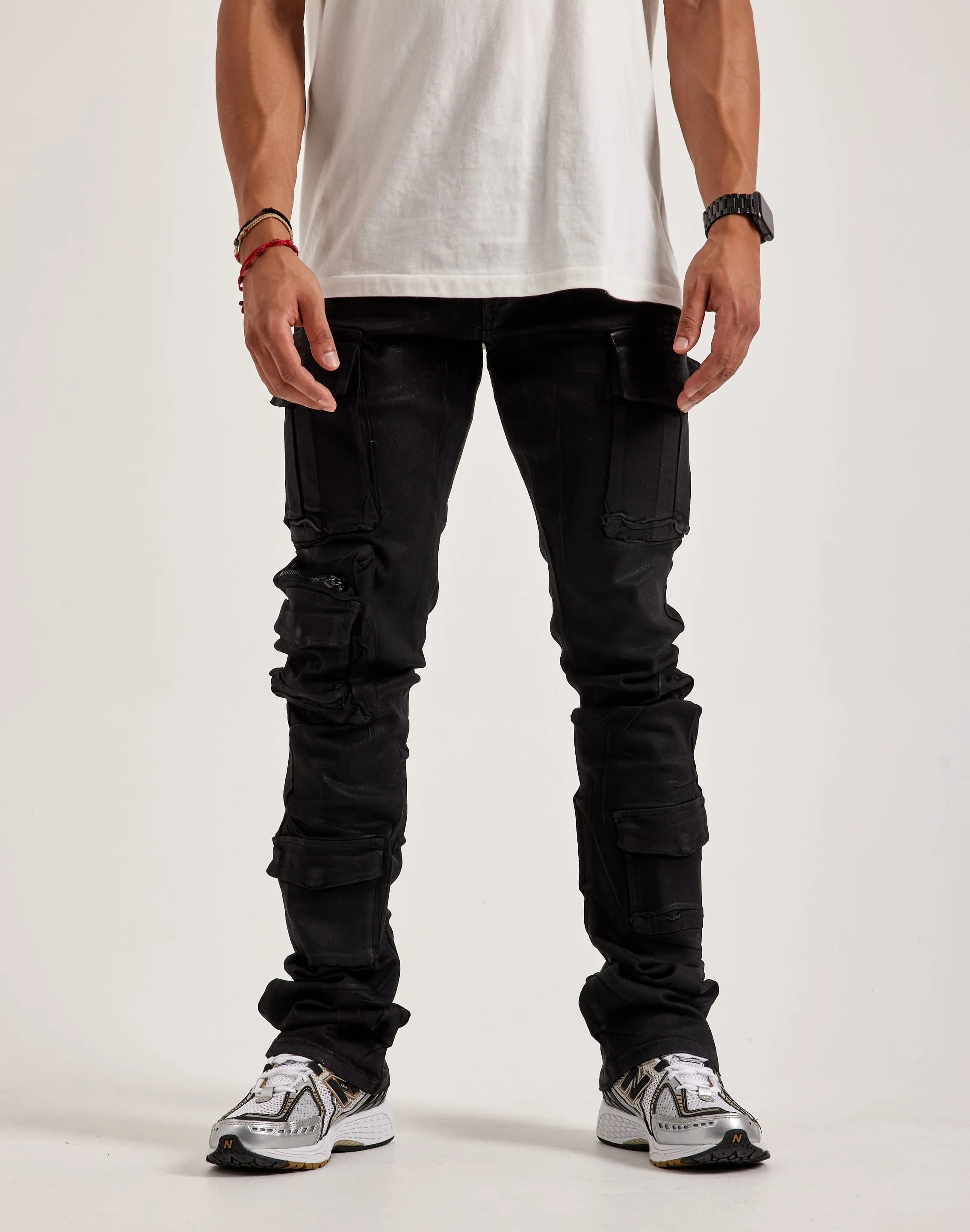 Smoke Rise Stacked Flared Waxed Cargo Jeans