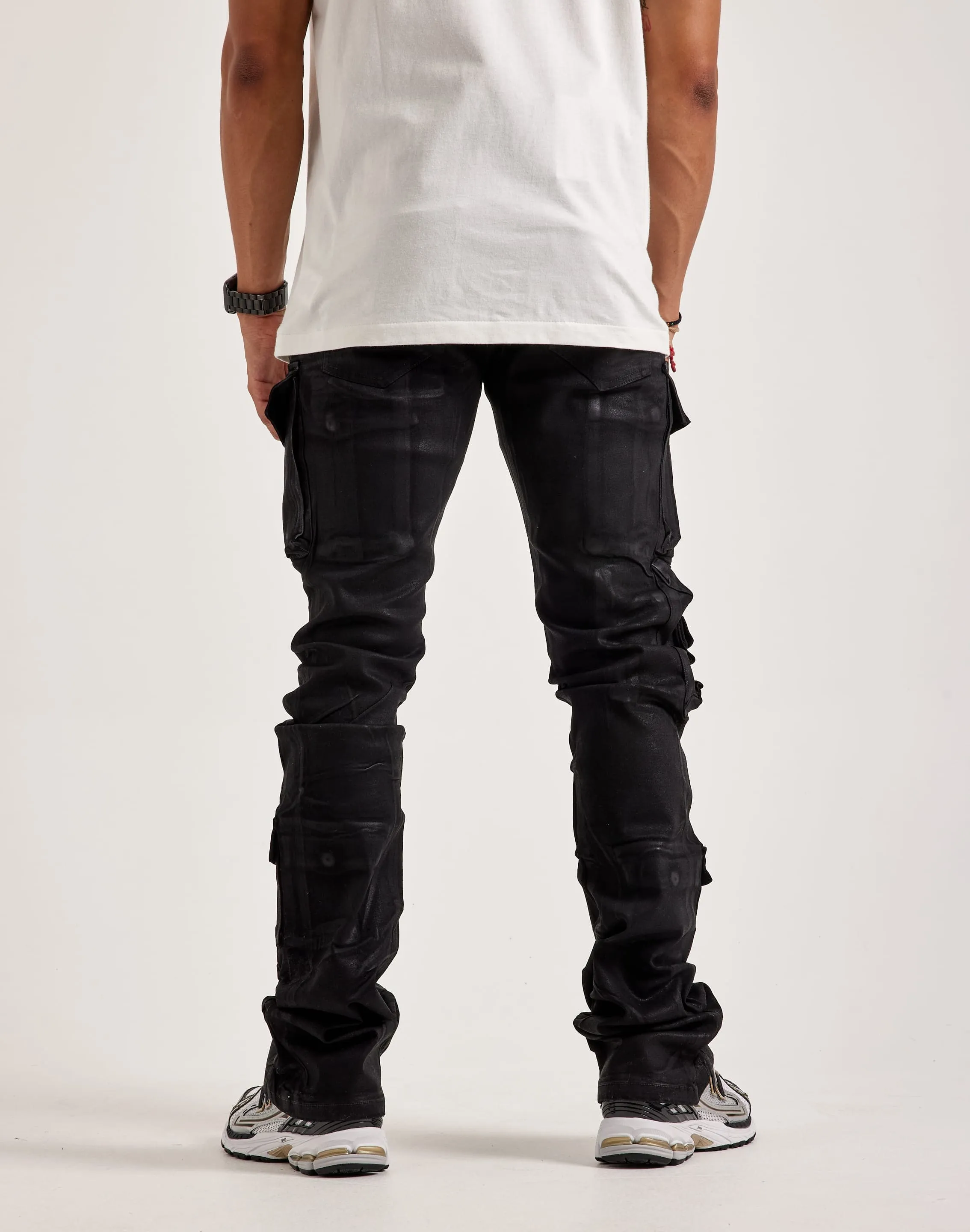 Smoke Rise Stacked Flared Waxed Cargo Jeans