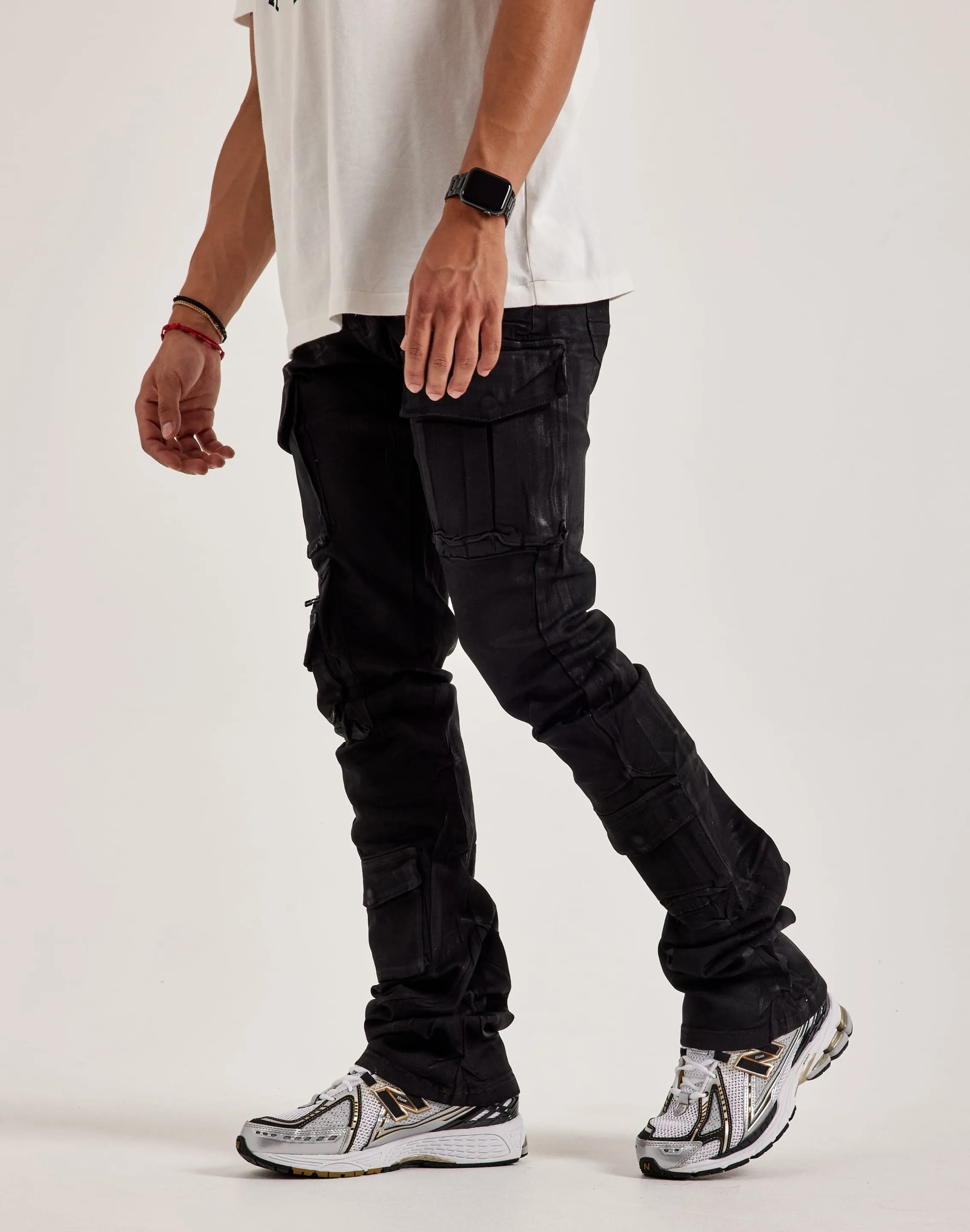 Smoke Rise Stacked Flared Waxed Cargo Jeans