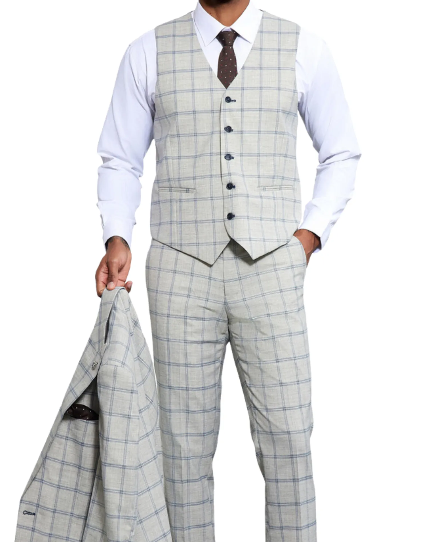 Stacy Adams Windowpane Classic Fit Vested Suit - Light Gray