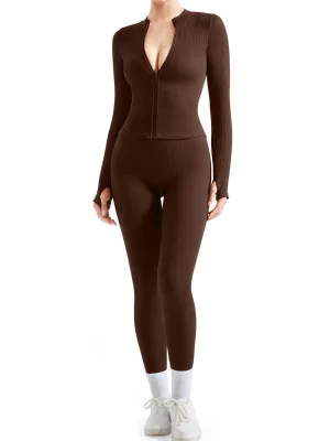 SUUKSESS Women 2 Piece Seamless Ribbed Workout Sets With Zip Up Jacket High Waisted Gym Yoga Leggings (Brown,L)