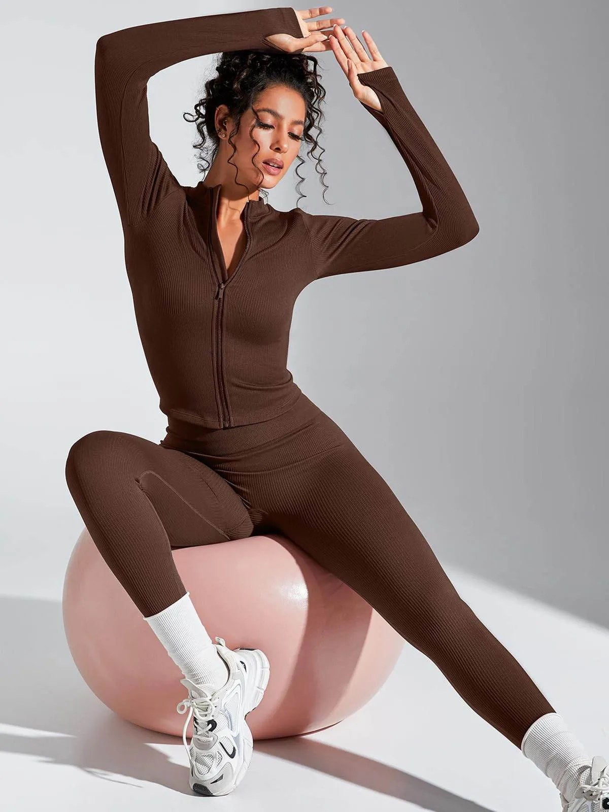 SUUKSESS Women 2 Piece Seamless Ribbed Workout Sets With Zip Up Jacket High Waisted Gym Yoga Leggings (Brown,L)