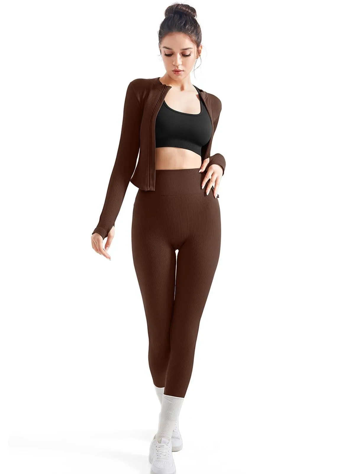 SUUKSESS Women 2 Piece Seamless Ribbed Workout Sets With Zip Up Jacket High Waisted Gym Yoga Leggings (Brown,L)