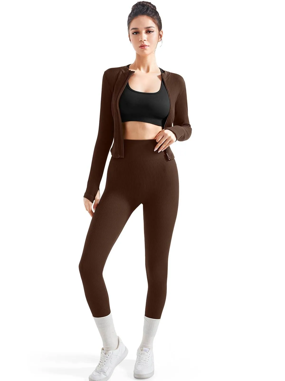 SUUKSESS Women 2 Piece Seamless Ribbed Workout Sets With Zip Up Jacket High Waisted Gym Yoga Leggings (Brown,L)