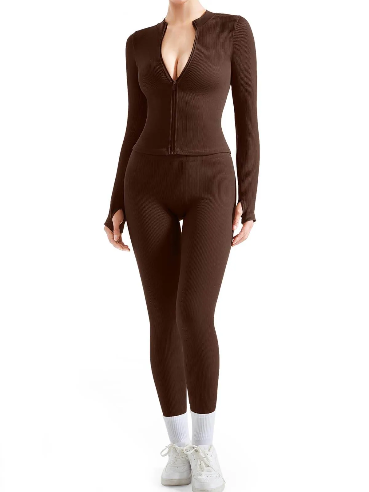 SUUKSESS Women 2 Piece Seamless Ribbed Workout Sets With Zip Up Jacket High Waisted Gym Yoga Leggings (Brown,L)