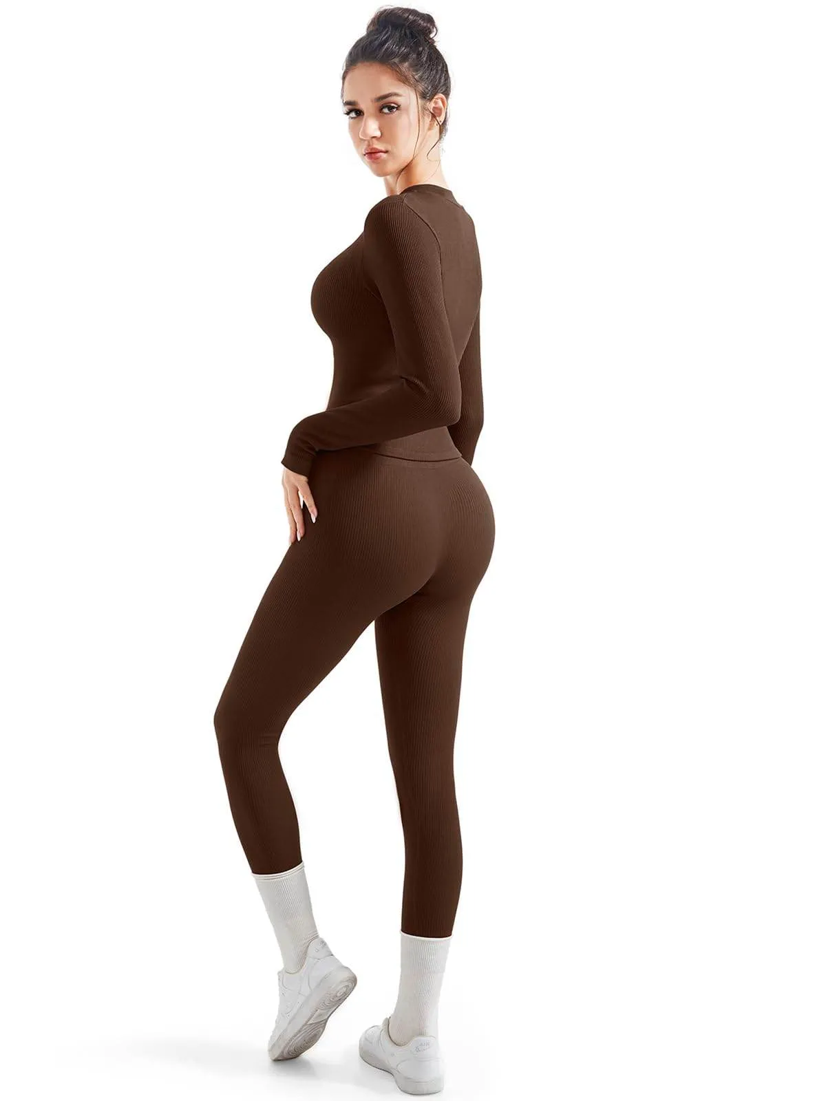 SUUKSESS Women 2 Piece Seamless Ribbed Workout Sets With Zip Up Jacket High Waisted Gym Yoga Leggings (Brown,L)
