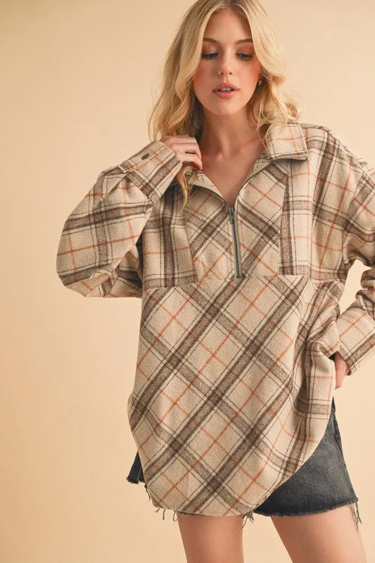 Tan Plaid Half Zip Drop Shoulder Top