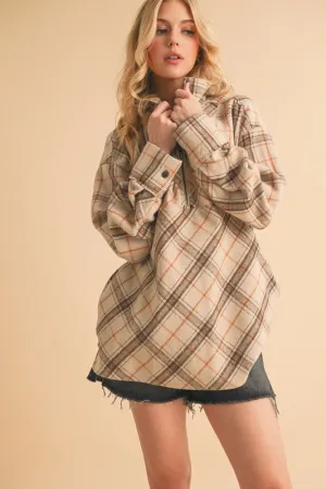 Tan Plaid Half Zip Drop Shoulder Top