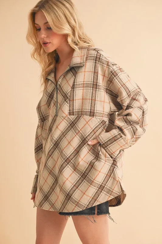 Tan Plaid Half Zip Drop Shoulder Top