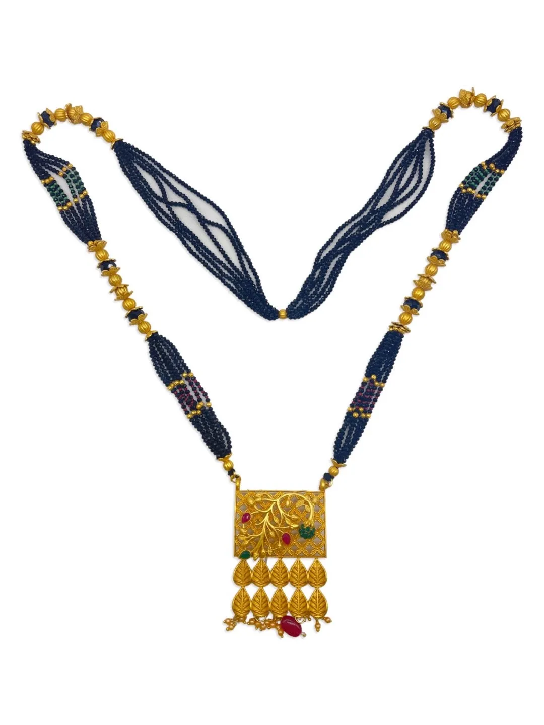 Trendy Long Artificial Mangalsutra Designs Gold Leaf Pendant Crystal Black Beads Chain