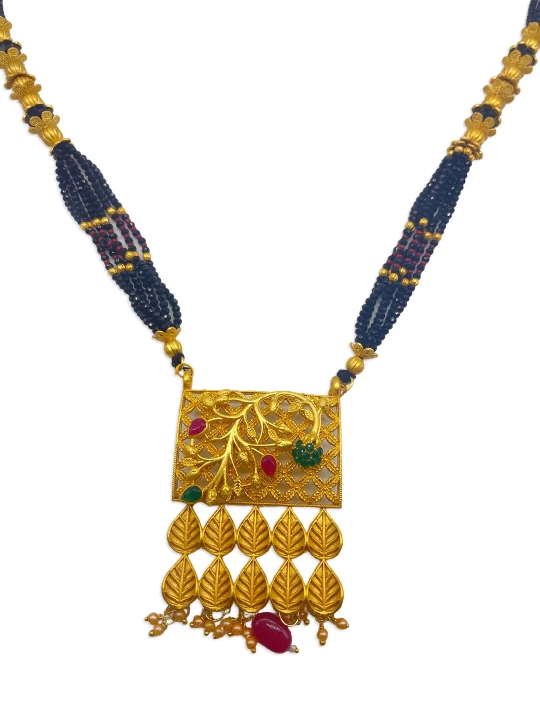 Trendy Long Artificial Mangalsutra Designs Gold Leaf Pendant Crystal Black Beads Chain
