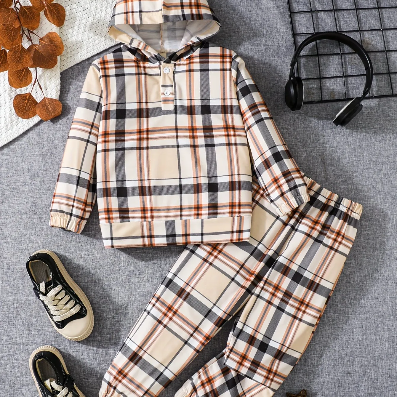 Trendy Set Long Sleeve Plaid Hoodie And Jogger Pants, 2-piece Boys Casual set, FS