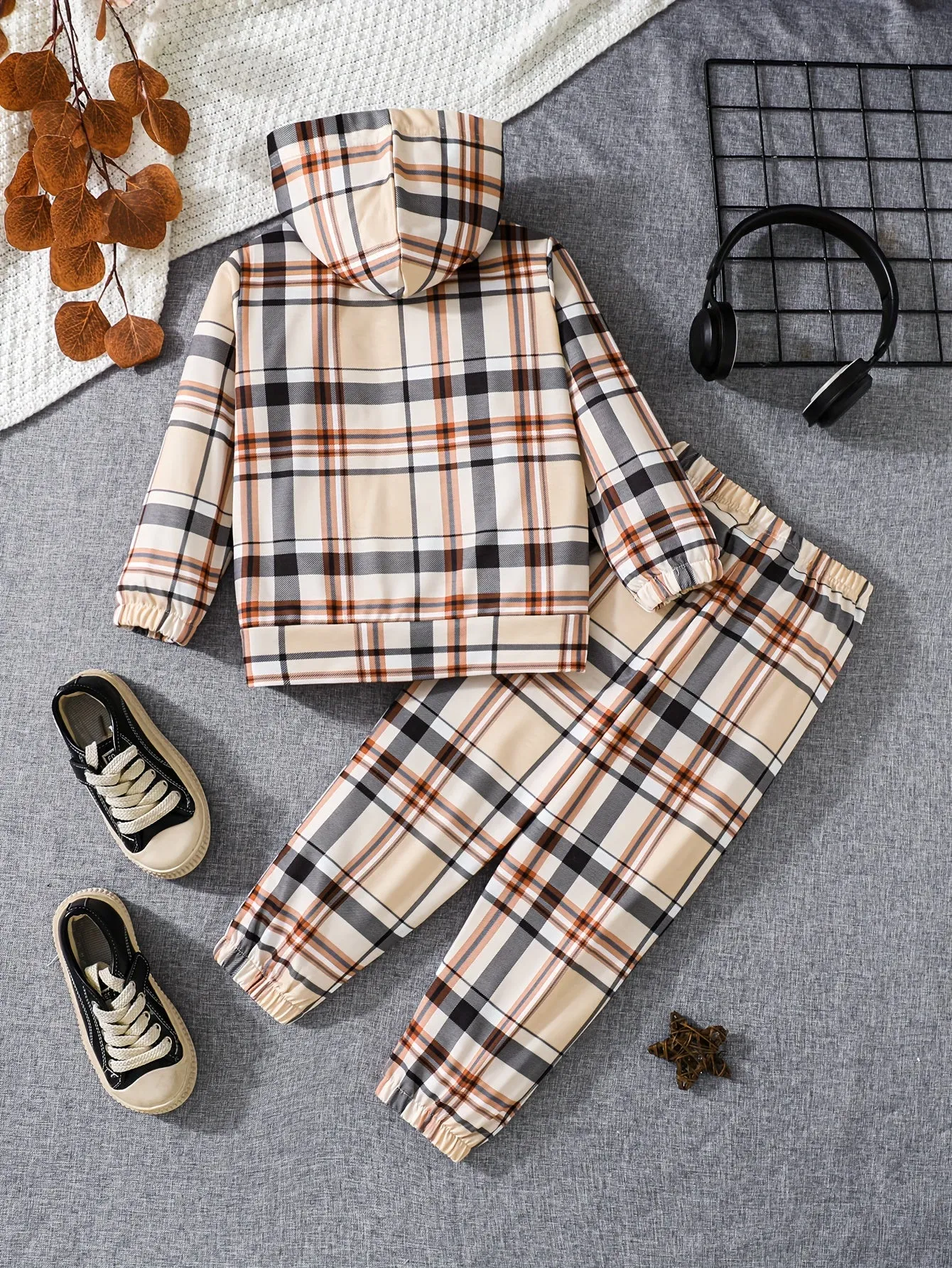 Trendy Set Long Sleeve Plaid Hoodie And Jogger Pants, 2-piece Boys Casual set, FS