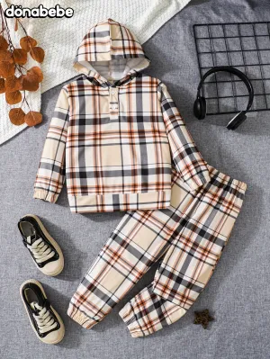 Trendy Set Long Sleeve Plaid Hoodie And Jogger Pants, 2-piece Boys Casual set, FS