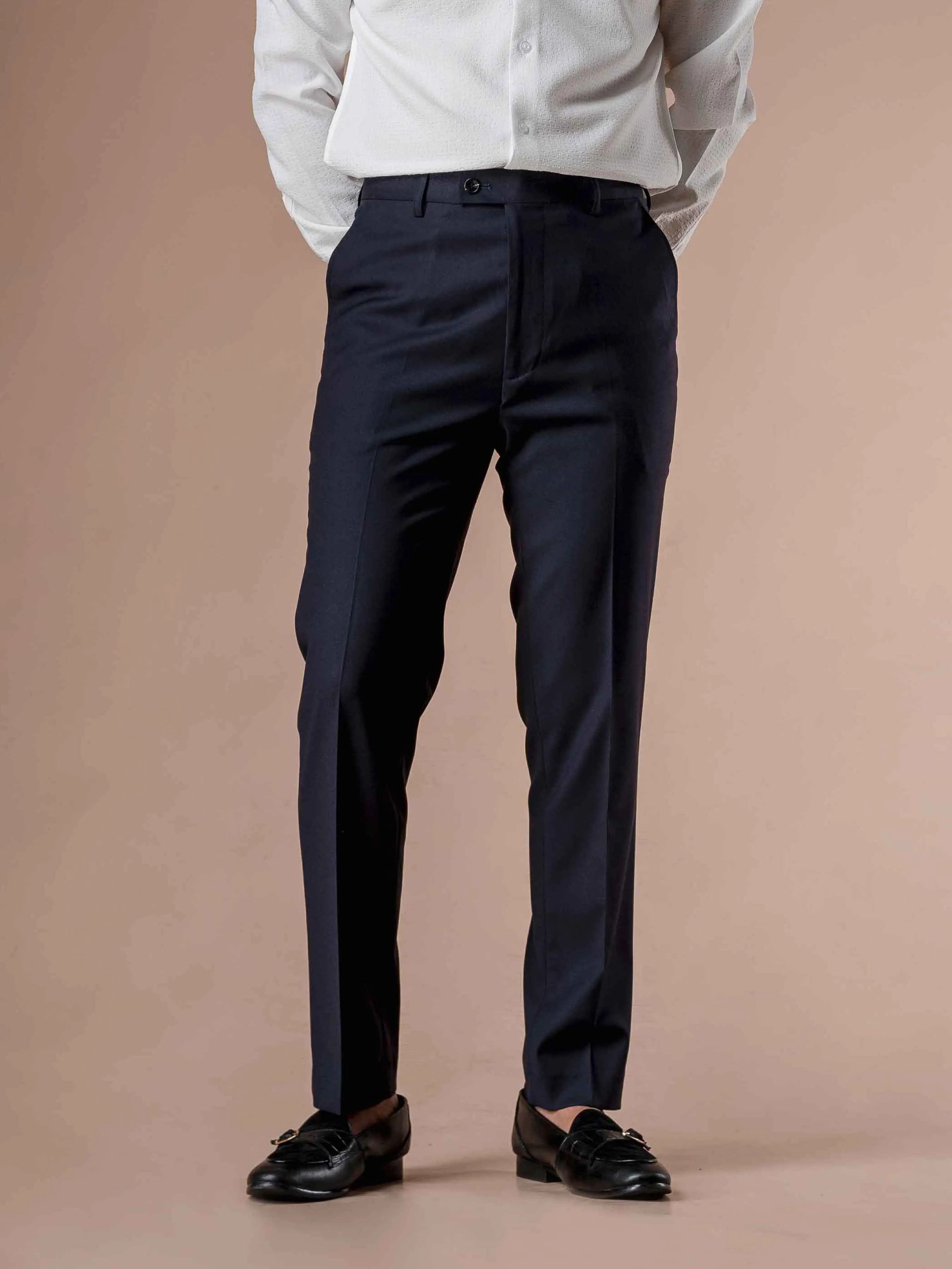 Trousers With Belt Loop - Dark Blue Plain (Slim Straight)