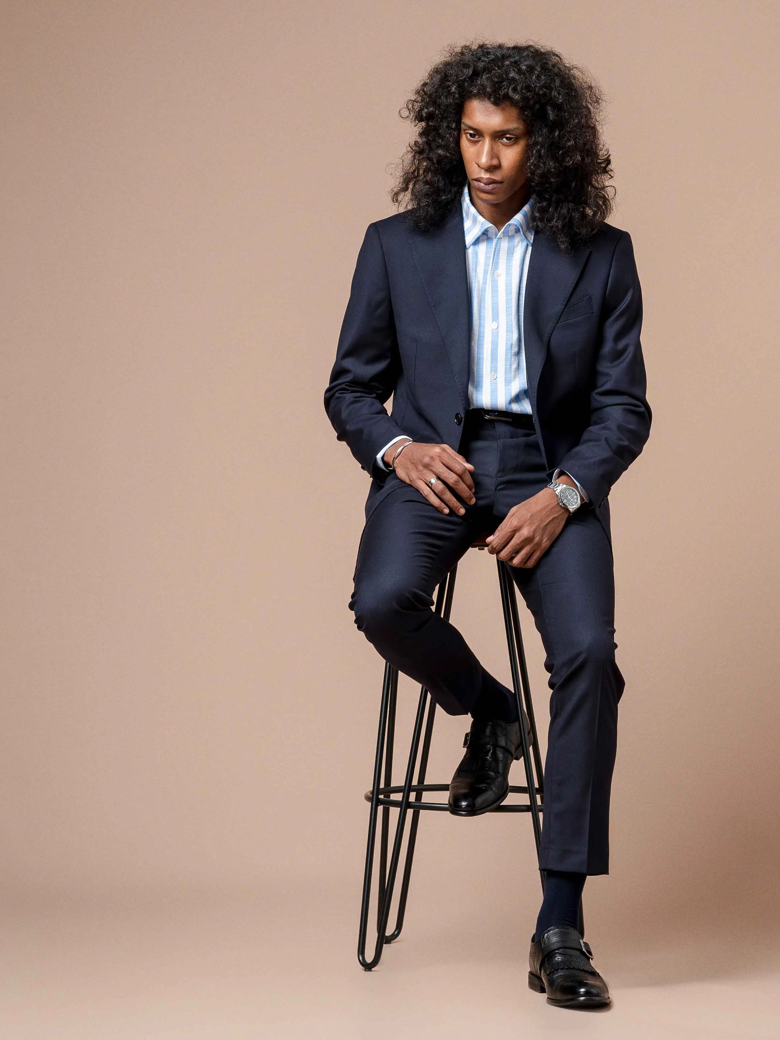 Trousers With Belt Loop - Dark Blue Plain (Slim Straight)