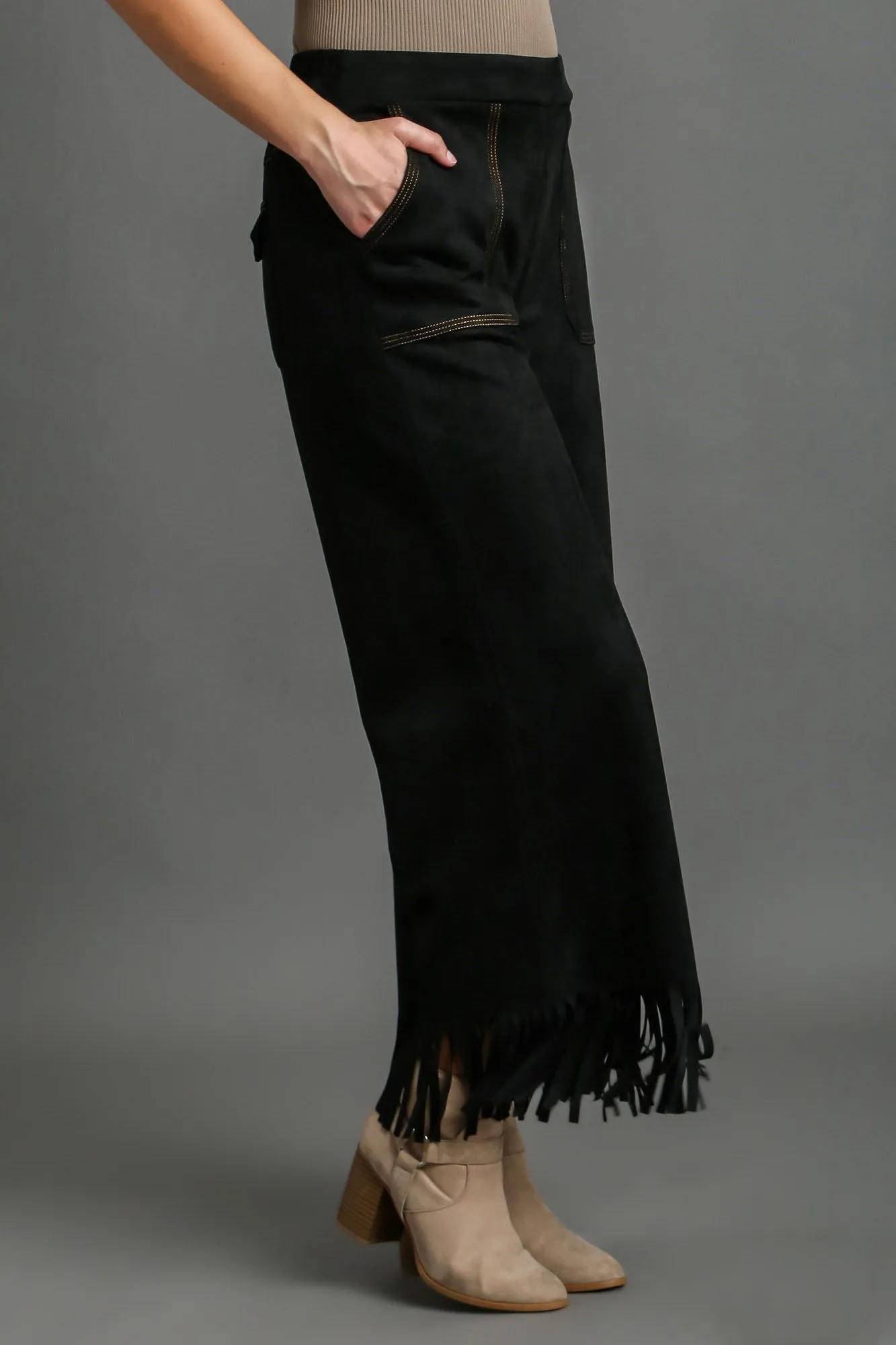 Umgee Full Size Suede Fringe Hem Wide Leg Pants Plus Size