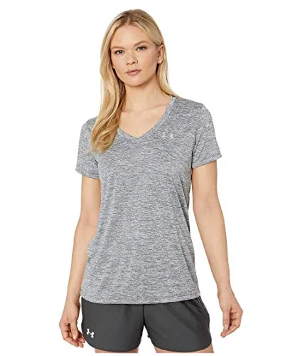 Under Armour Women's Tech V-Neck Twist Short Sleeve T-Shirt, Pitch Gray (012)/Metallic Silver, Large