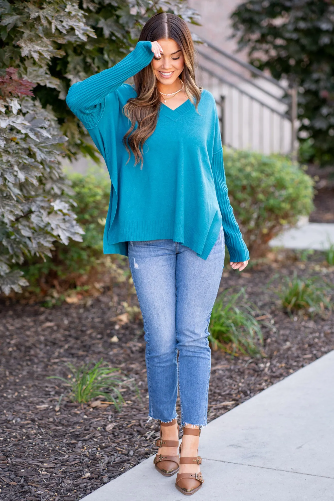V-Neck Side Slit High-Low Sweater